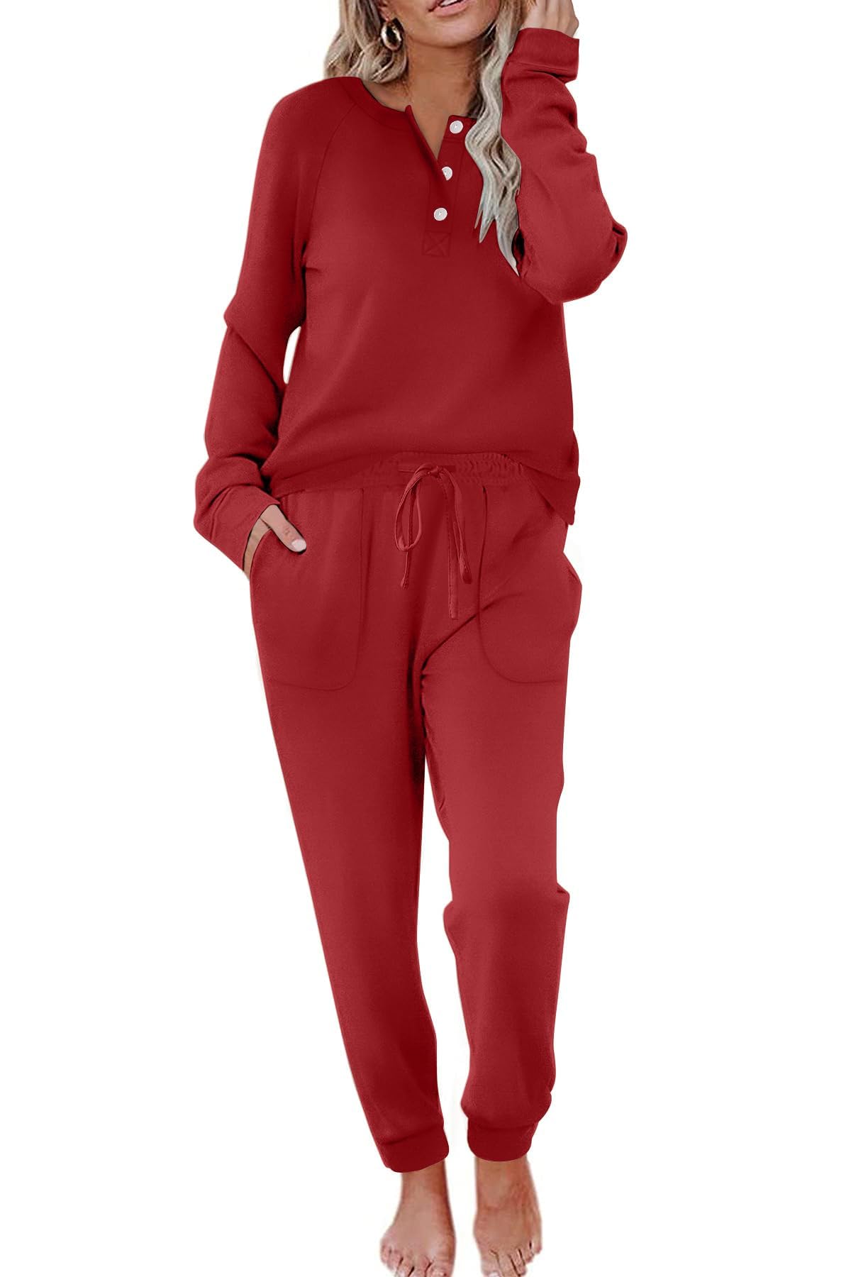 Ekouaer Women's Long Sleeve Pajama Set - Soft 2-Piece Jogger Lounge Wear with Pockets (S-XXL) | Cozy Sleepwear & Comfortable Loungewear for Relaxing at Home, Travel, and Nighttime Comfort