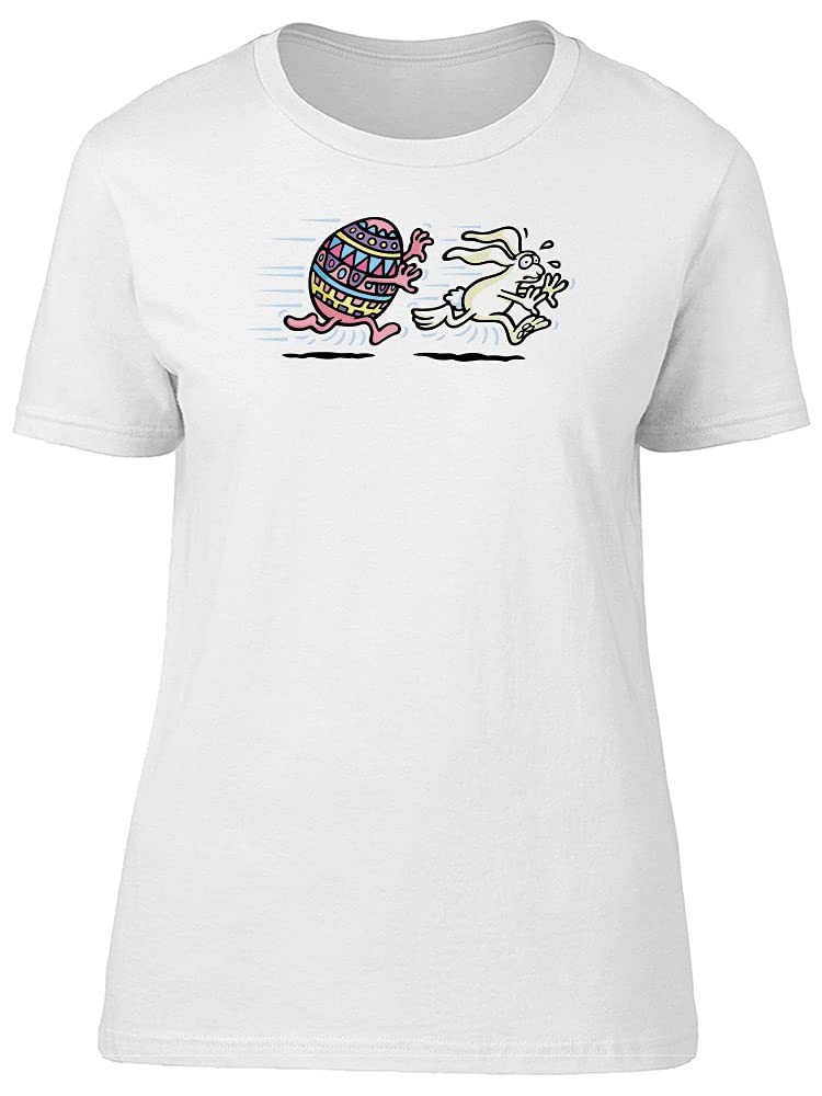 Smartprints Women's Cute Easter Egg Hunting Bunny Graphic T-Shirt - White - Perfect for Easter Celebrations, Spring Outfits & Casual Wear