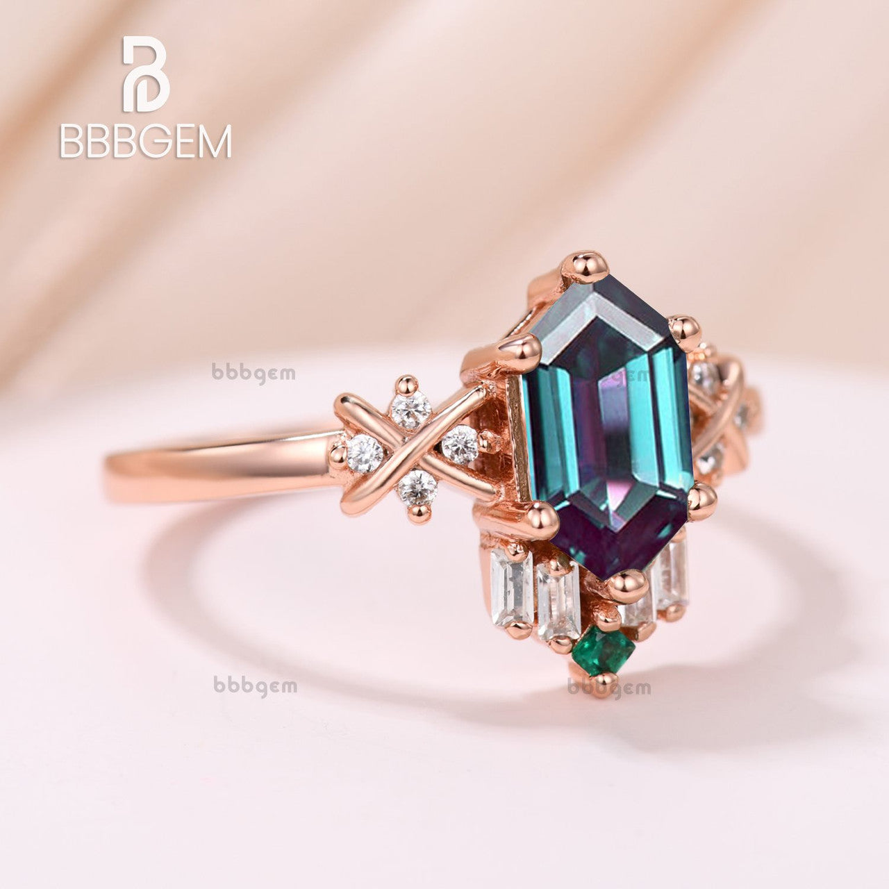 14K Rose Gold Long Hexagon Cut Lab Created Alexandrite Wedding Band Set with Elongated Alexandrite & Diamond Accents - Perfect for Engagement Rings, Anniversary Gifts & Bridal Jewelry