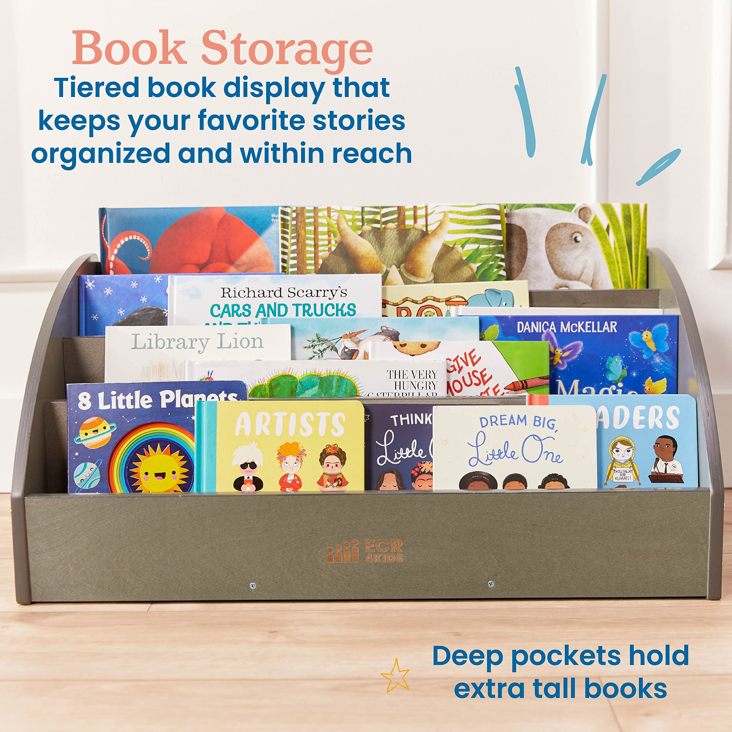ECR4Kids Toddler Book Display Shelf - Grey Wash Wooden Bookshelf for Kids Room, Classroom & Playroom - Perfect for Organizing Children's Books & Toys