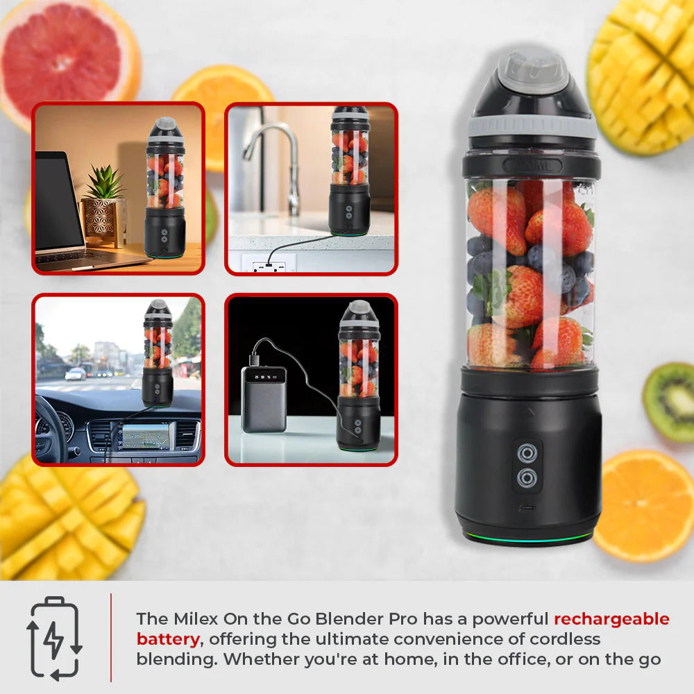 Milex On the Go Blender Pro - Portable Personal Smoothie Maker for Fruits, Vegetables & Protein Shakes - Perfect for Gym, Office & Travel - USB Rechargeable & BPA Free