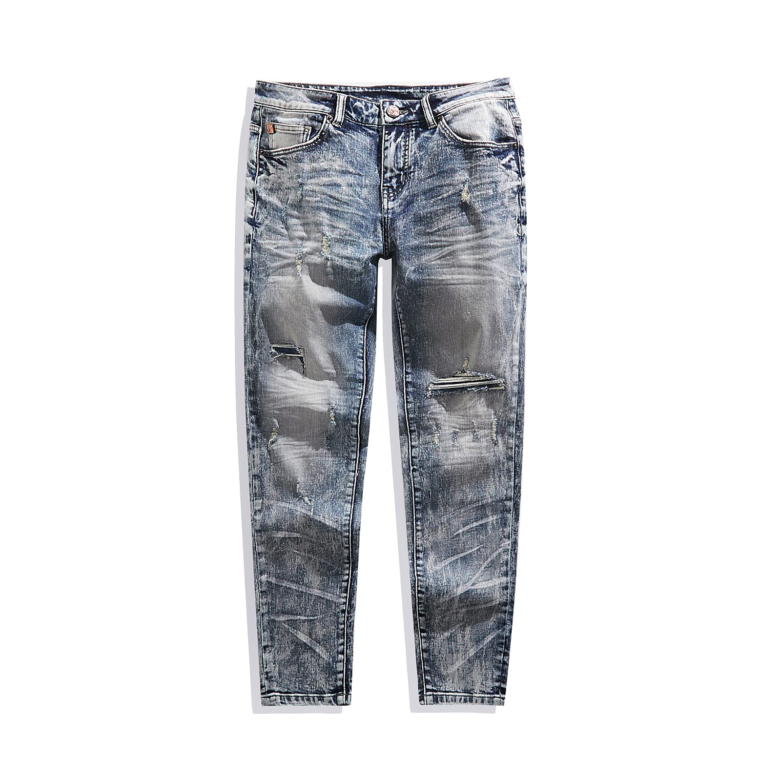Men's Distressed Slim Fit Stretch Ripped Denim Jeans - Full Length Destroyed Wash for Casual Wear & Street Style
