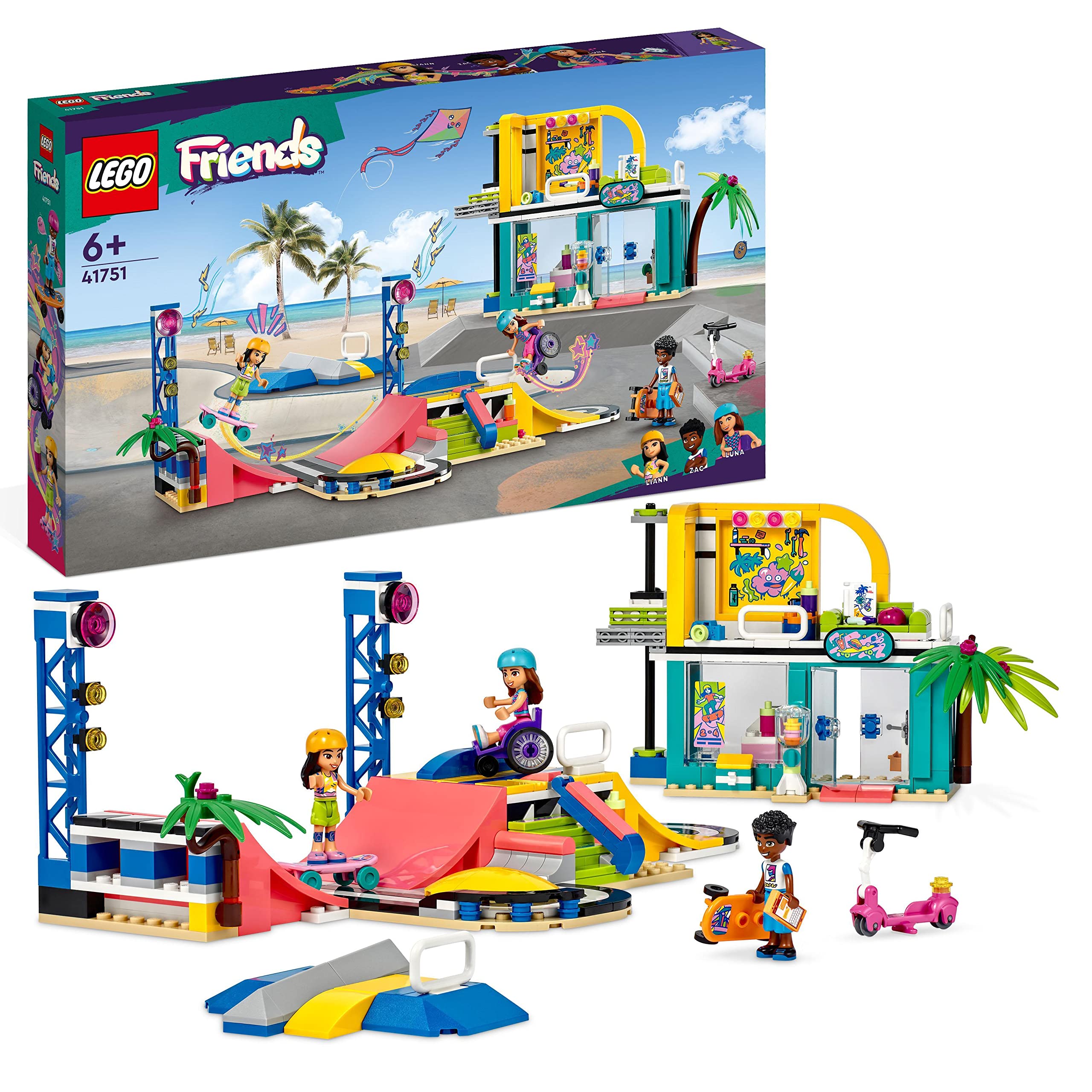 LEGO 41751 Friends Skate Park Building Toy Set for Kids Ages 6+ with Skateboards, Scooter & Wheelchair, 3 Mini Dolls & 2023 Characters – Creative Play for Girls and Boys – Perfect for Birthday Gifts & Indoor Activities