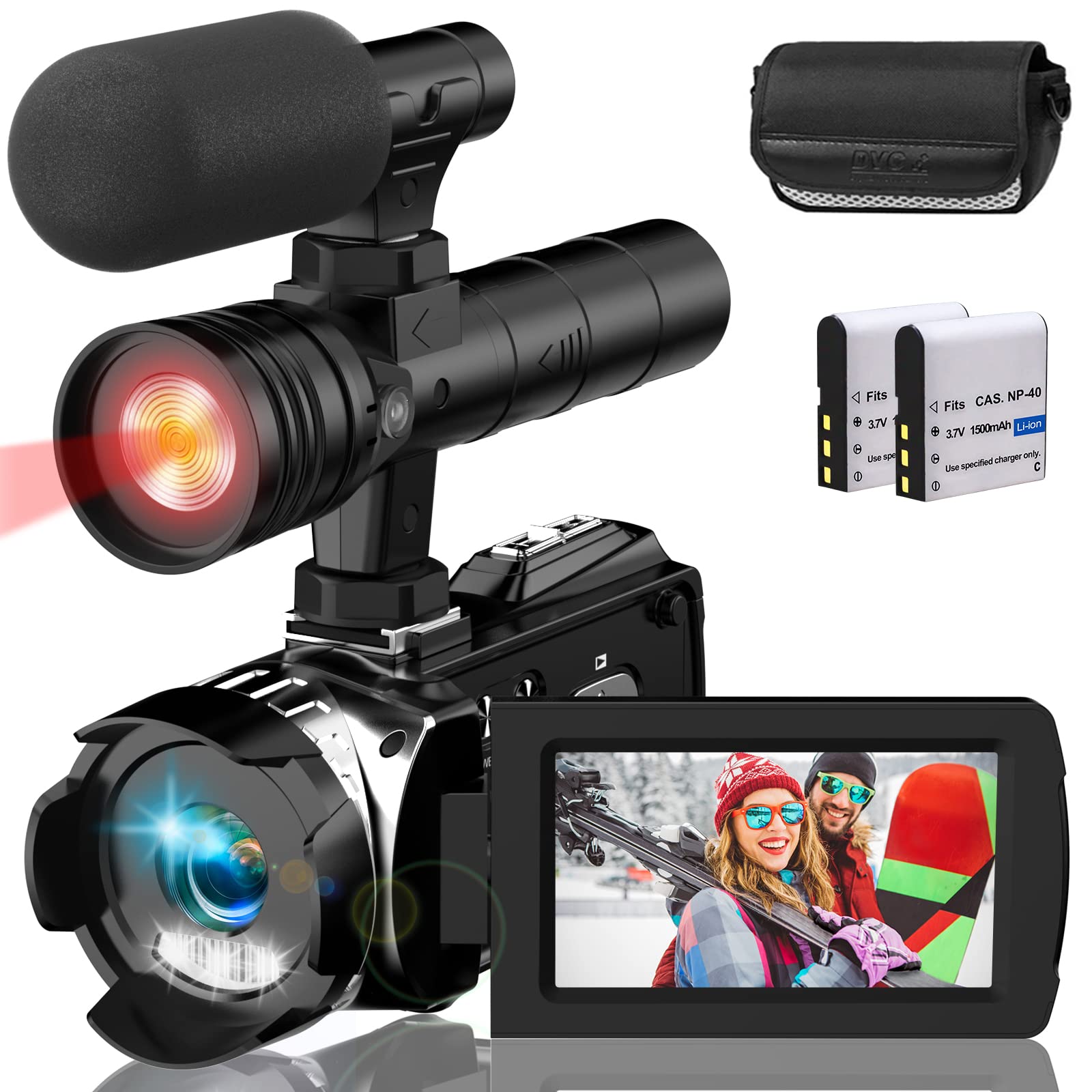 4K 48MP Camcorder with 60FPS & 24X Digital Zoom - IR Night Vision Vlogging Camera for YouTube, 3.0'' IPS Screen, Built-in Microphone, 2 Batteries & Tripod Included - Perfect for Travel Vlogging, Live Streaming, and Outdoor Adventures