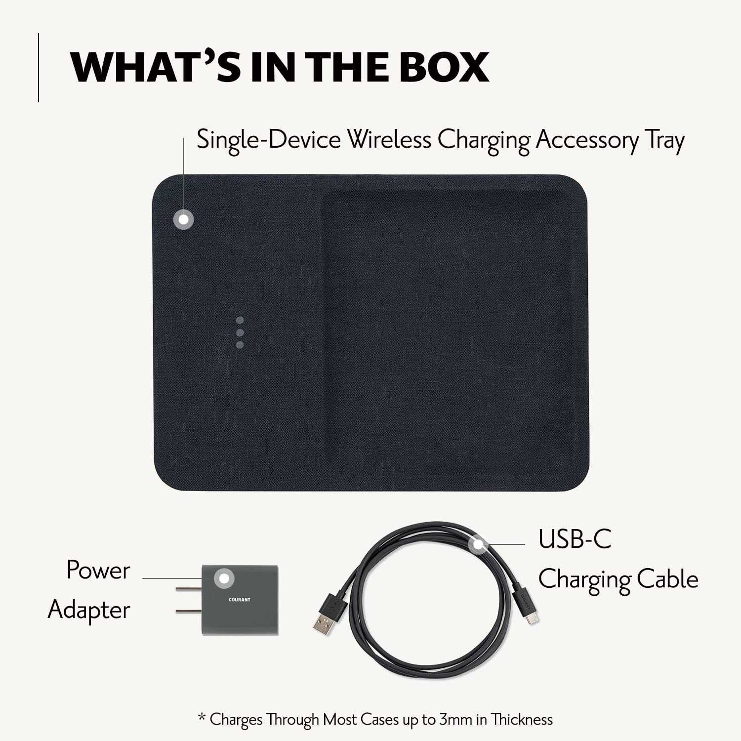 COURANT Catch:3 Belgian Linen Wireless Charging Station & Valet Tray (Charcoal) - Fast Qi-Certified Charger for iPhone 16/15/14/13/12, Galaxy S24/S23/S22, AirPods Pro - Nightstand Organizer with Phone Holder & Jewelry Storage | Perfect for Bedroom, Office Desk, Gift Idea