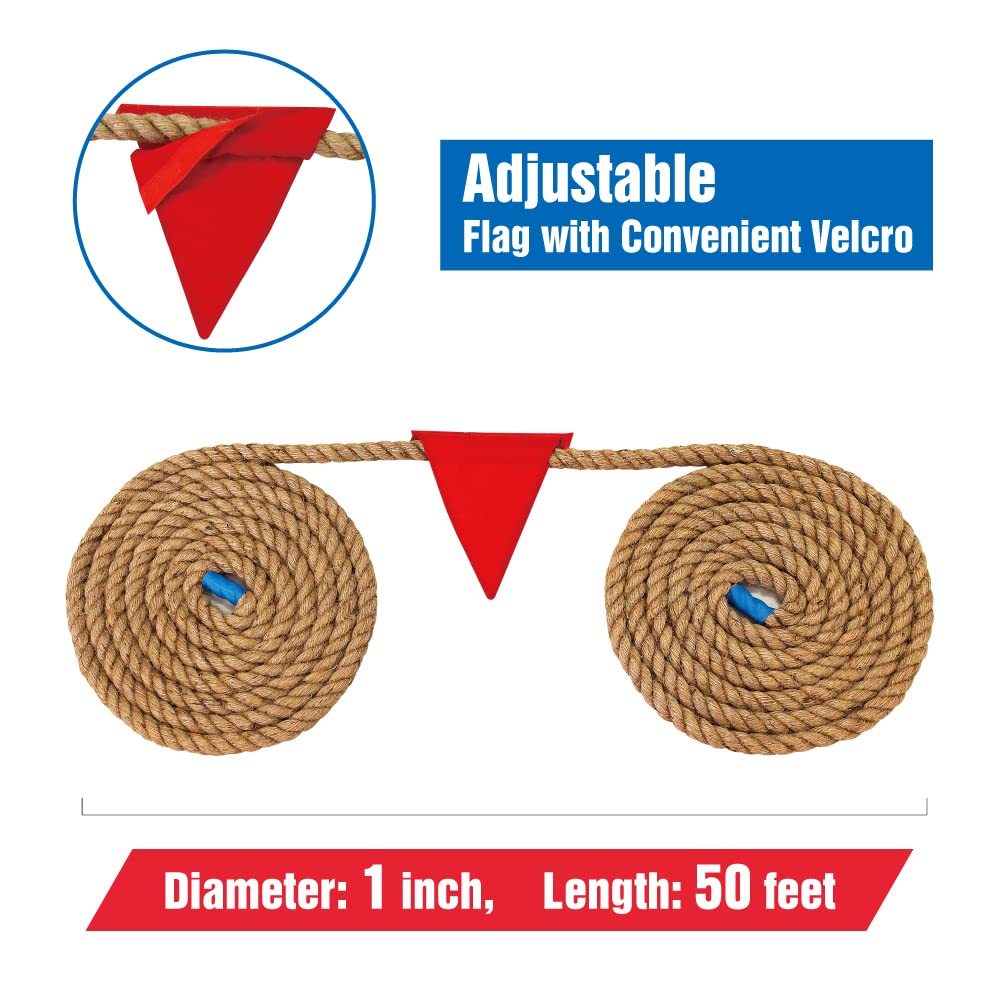 Gothink 50 FT Tug of War Rope Set for Kids - Soft Natural Jute Fiber Rope with Red Flag for Field Day, Birthday Party, Holiday Celebration, Camping, Backyard Outdoor Games & Team Building Activities - Perfect for School Events, Family Gatherings and Sports Competitions