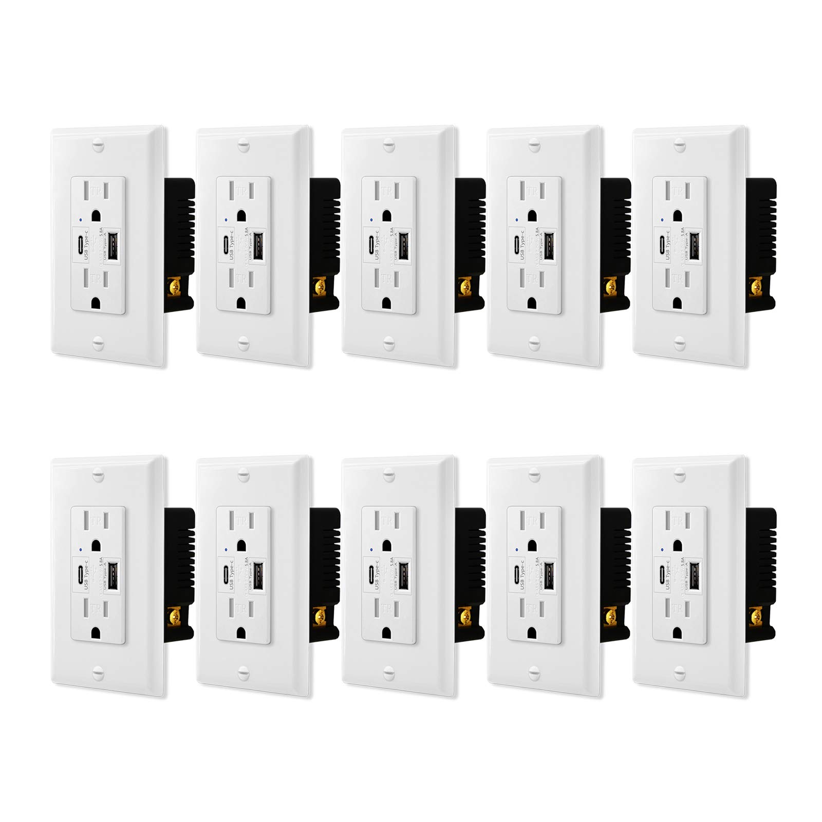 10 Pack UL Certified Type C & Type A 5.8A 5V USB Wall Outlets - 15A Tamper Resistant Receptacle with Wall Plate - White AC Power Socket for Fast Charging & Data Sync - Easy Installation for Home, Office & Hotel Use
