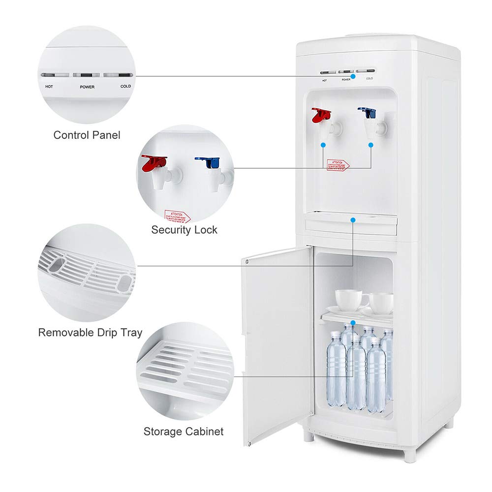 White Modern Top Loading 5 Gallon Water Cooler Dispenser with Hot & Cold Settings - Freestanding Electric Countertop for Home & Office - Storage Cabinet, Plastic & Stainless Steel (11.22