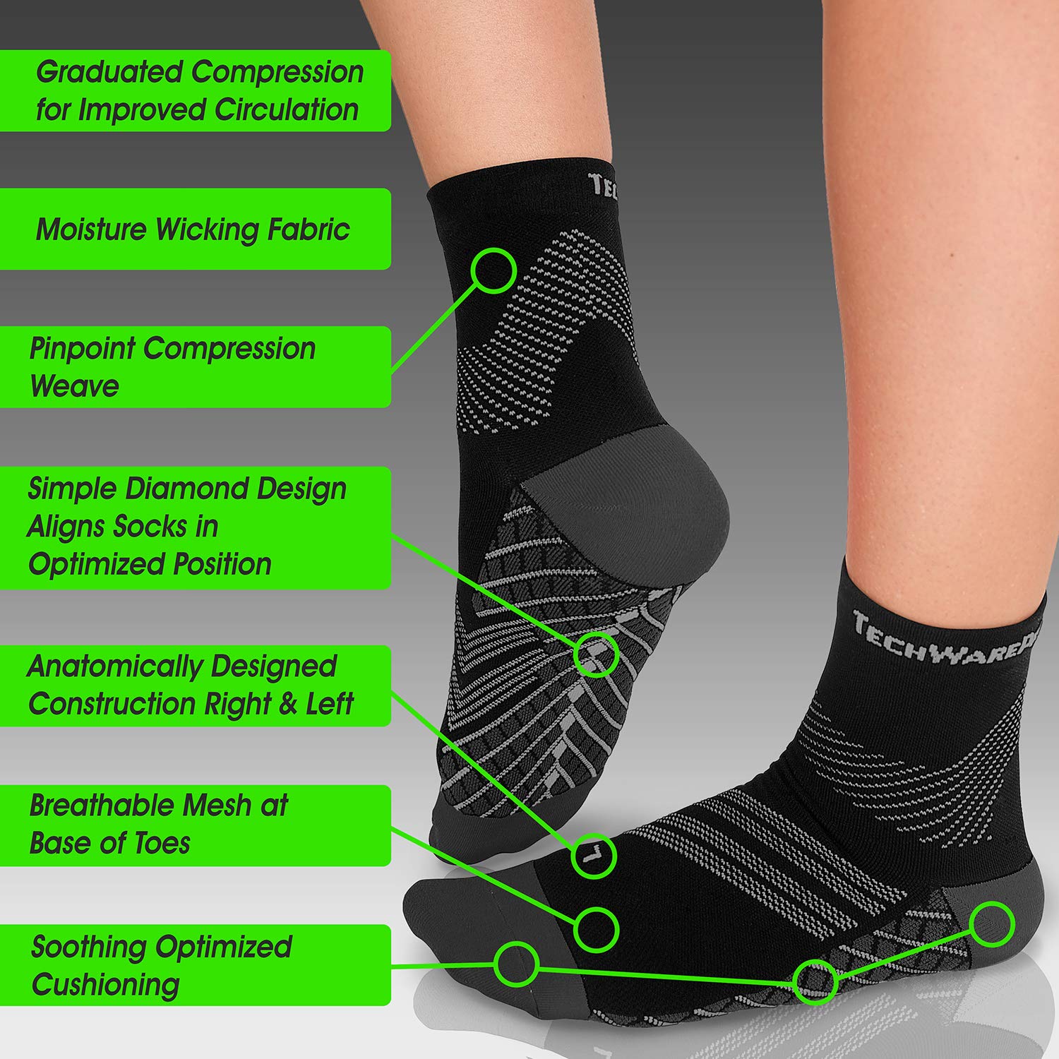 TechWare Pro Plantar Fasciitis Socks for Women & Men - Cushioned Ankle Compression Socks with Arch Support & Achilles Tendonitis Relief - Ideal for Running, Hiking, and Daily Comfort