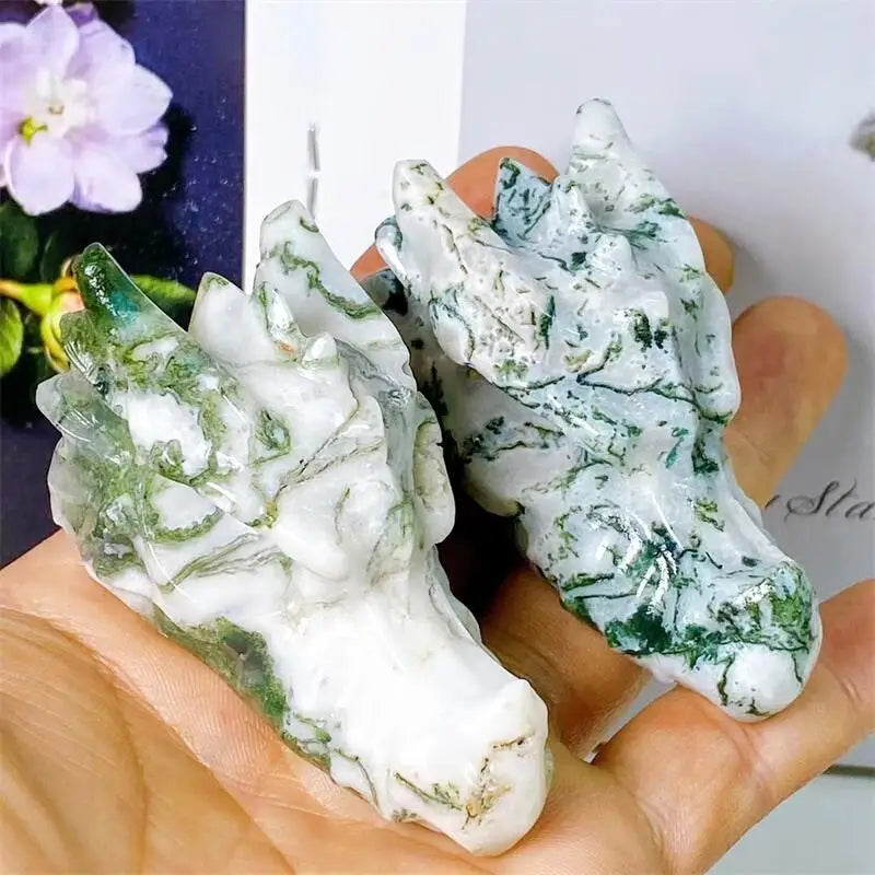 6.3CM Natural Moss Agate Dragon Skull Carved Crystal Statue - Healing Crystal for Feng Shui, Reiki Energy, Home & Office Decor - Unique Spiritual Gift for Meditation & Aesthetic Display (1pc)