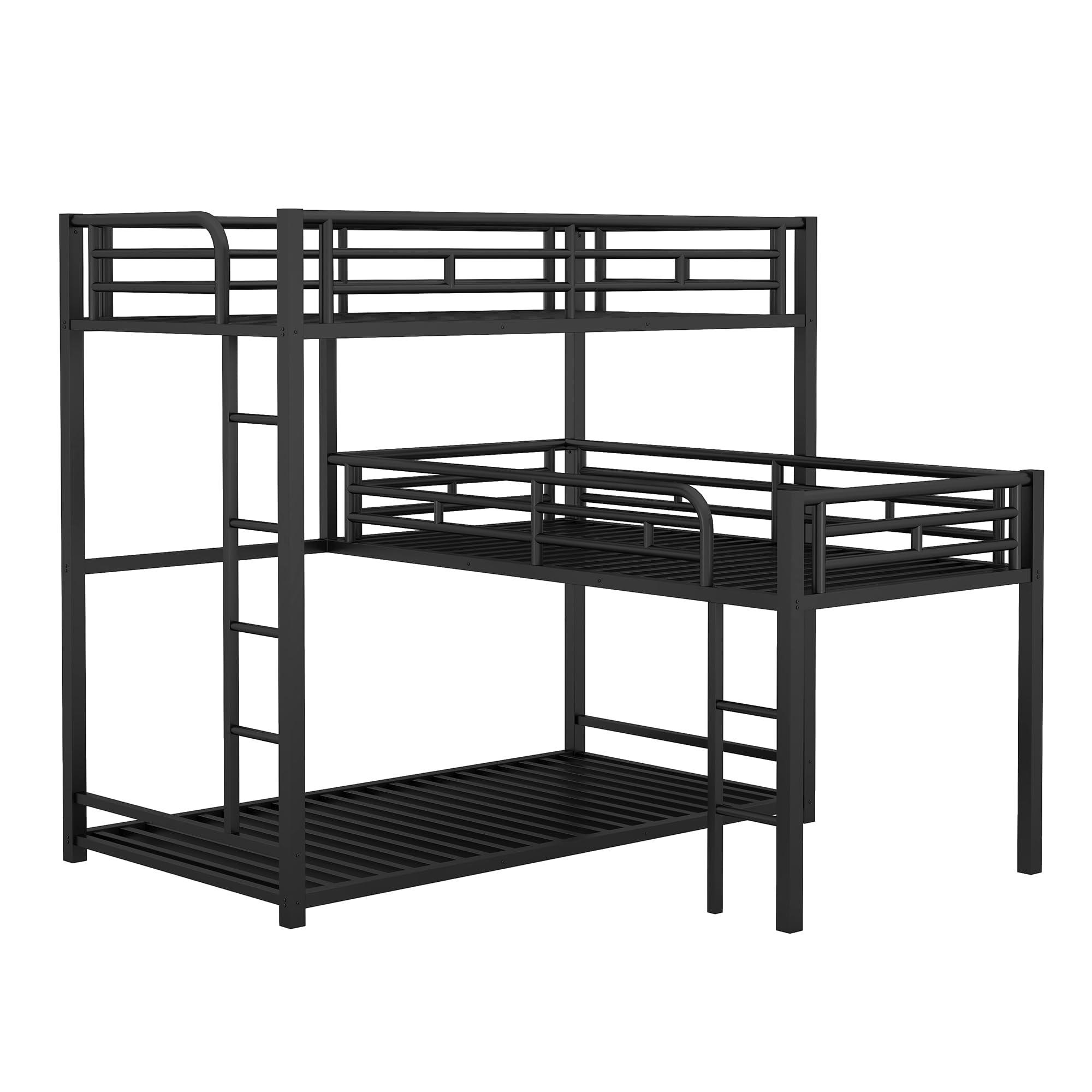 Twin Over Twin L-Shaped Metal Triple Bunk Bed with Ladder & Full-Length Guardrails - 3-in-1 Kids & Teens Bunk Bed in Black | Perfect for Small Bedrooms, Sleepovers & Space-Saving Solutions