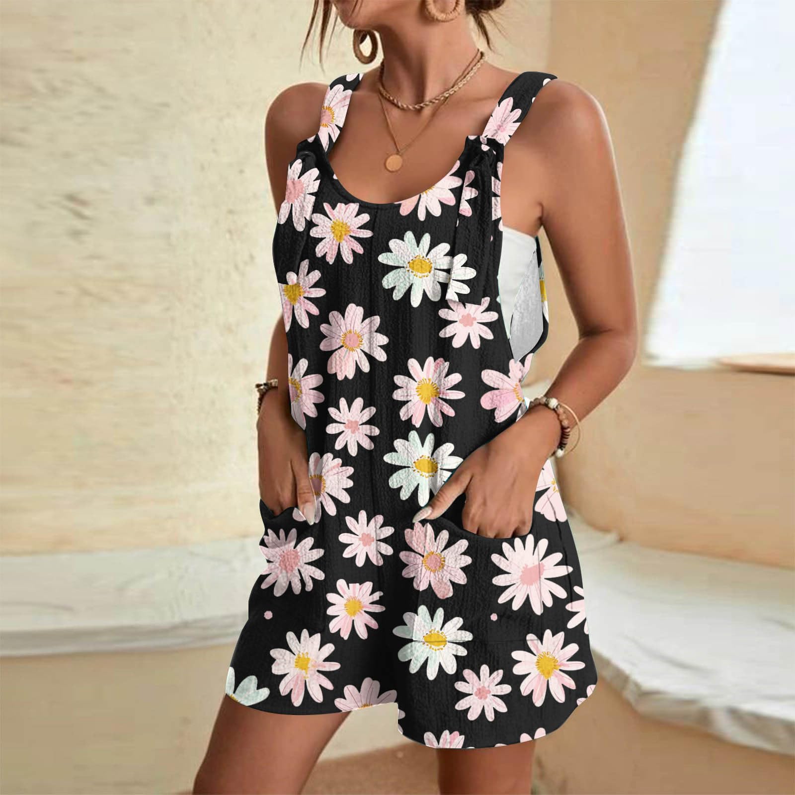 Women's Daisy Sunflower Romper - Casual Summer Jumpsuit with Pockets | Beach & Outing Wear
