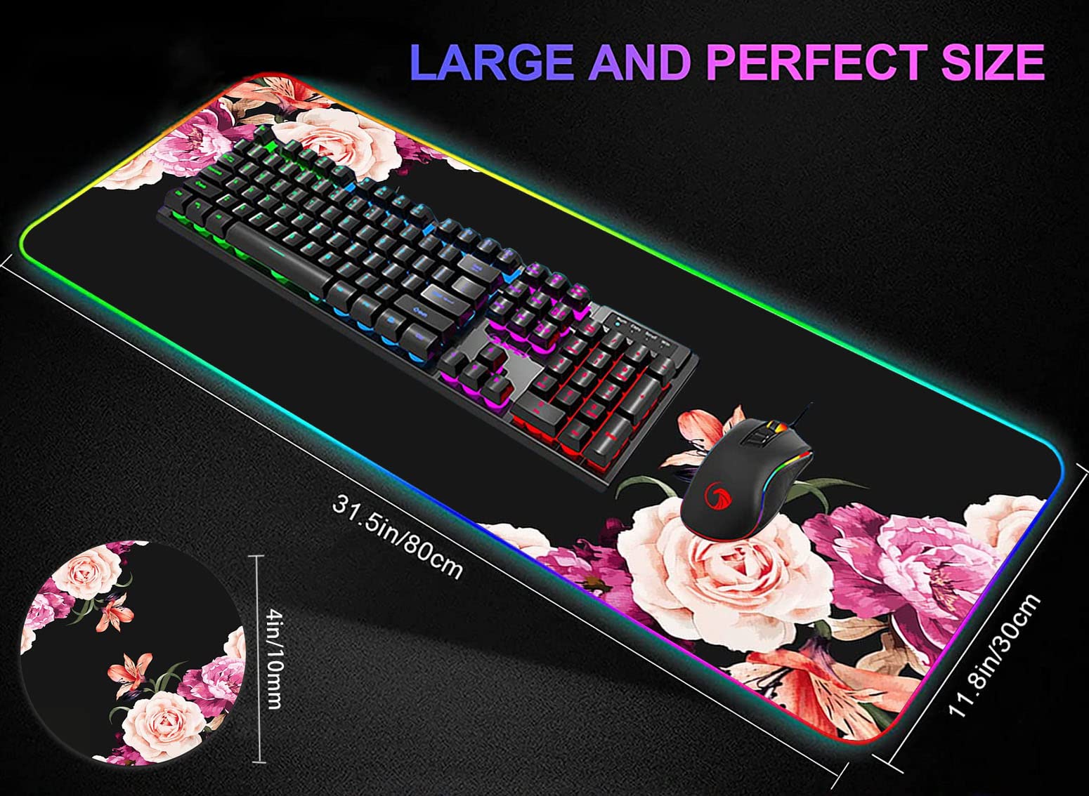RGB Gaming Mouse Pad - Large LED Light-Up Desk Mat with Non-Slip Surface, Waterproof Design for PC Gamers | Perfect for Gaming Setups, Office Work & Streaming (Peony Flower Pattern)