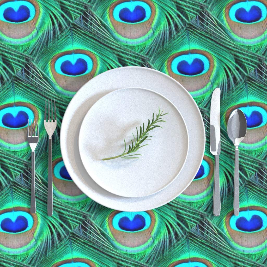 Premium Cotton Sateen Tablecloth 70x144 Inches - Peacock Feather Design in Teal, Emerald & Royal Blue | Elegant Dining Decor for Weddings, Parties & Home Decor