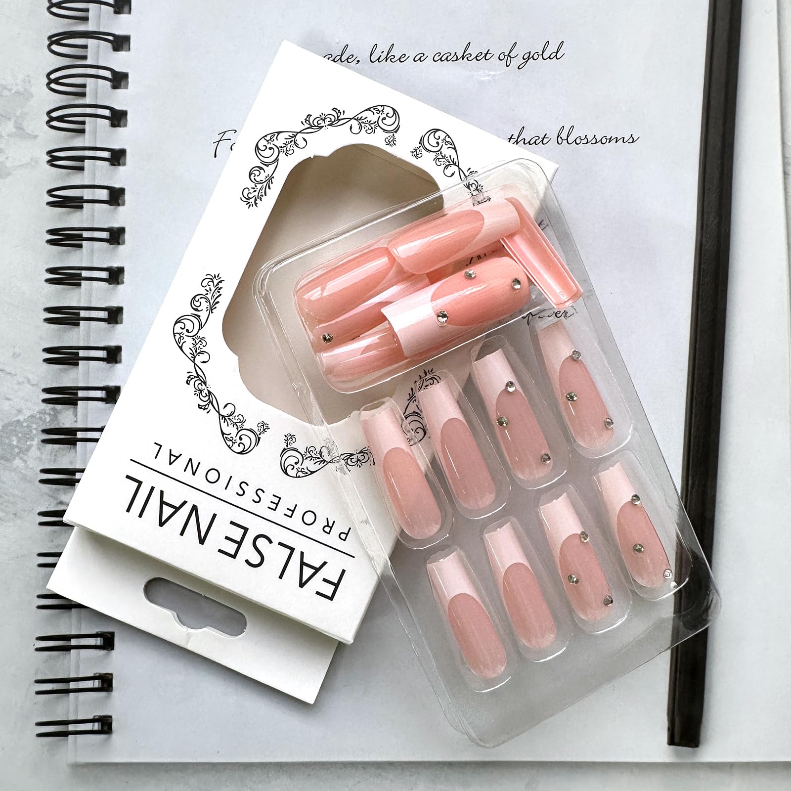 Extra Long Press on Nails - Square Fake Nails with French Tip & Rhinestone Designs - White Glossy Nude Pink Acrylic Nails for Women & Girls - Full Cover Glue on False Nails for Manicure, Parties, Weddings & Special Occasions