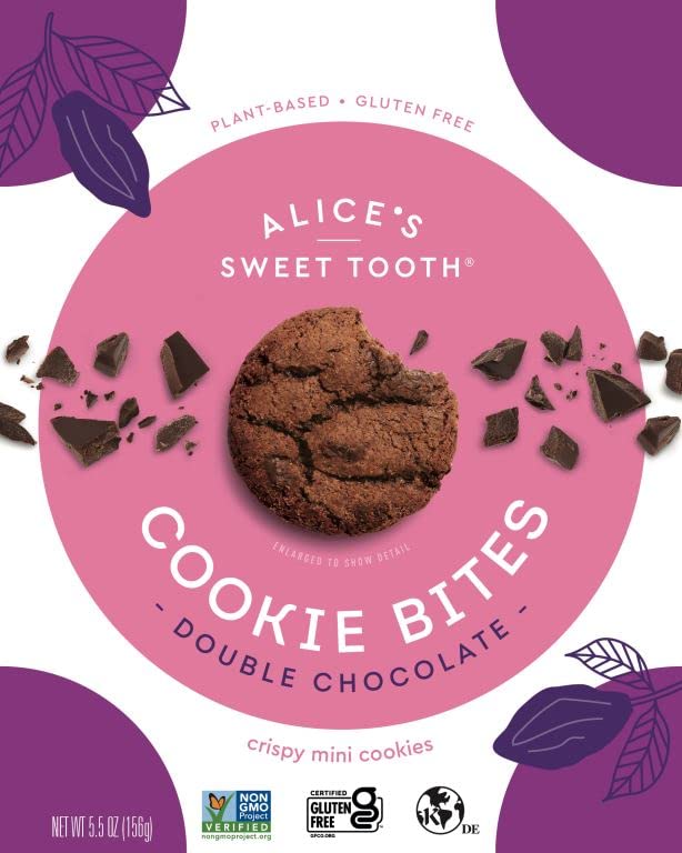 Alice's Sweet Tooth Double Chocolate Cookie Bites - Gluten-Free, Vegan, Crunchy Mini Cookies - Plant-Based, Dairy-Free, Grain-Free, Soy-Free, Kosher Certified - 5.5 oz Pack - Perfect for Snacking, Gifts & Healthy Desserts
