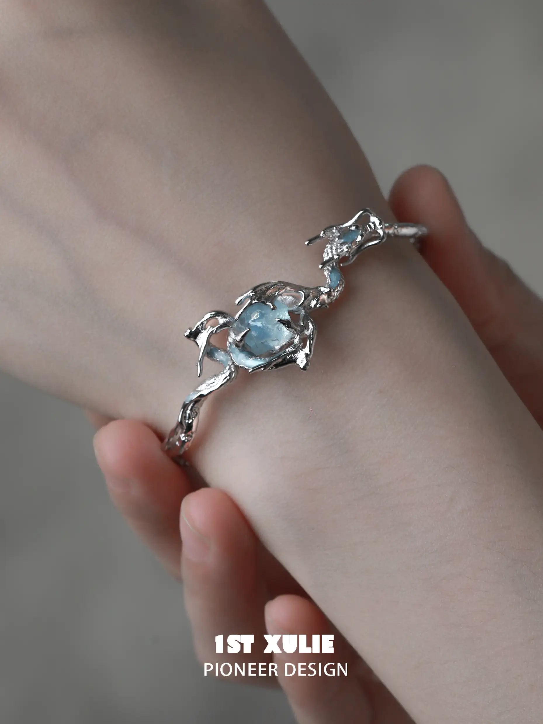 18K Platinum Plated Adjustable Open Bangle Bracelet with Aquamarine Gemstone - Elegant Jewelry for Women, Perfect for Weddings, Parties & Special Occasions
