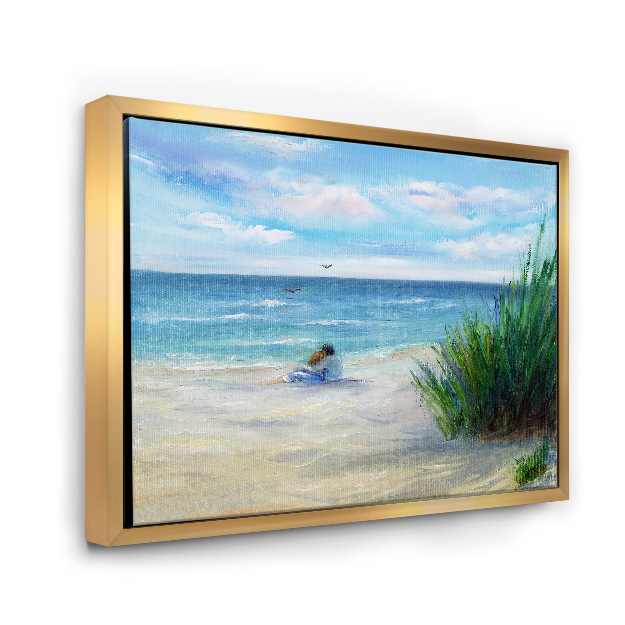 DesignQ Romantic Beach Couple - Nautical Coastal Framed Canvas Wall Art Print for Living Room, Bedroom & Beach House Decor