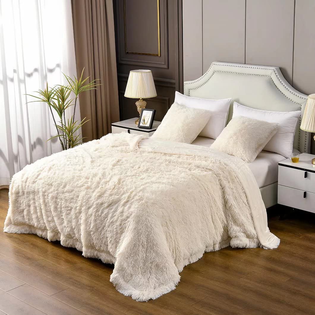 YUSOKI Cream White King Size Faux Fur Blanket - 2 Layer Ultra Soft Plush Fluffy Blanket 90