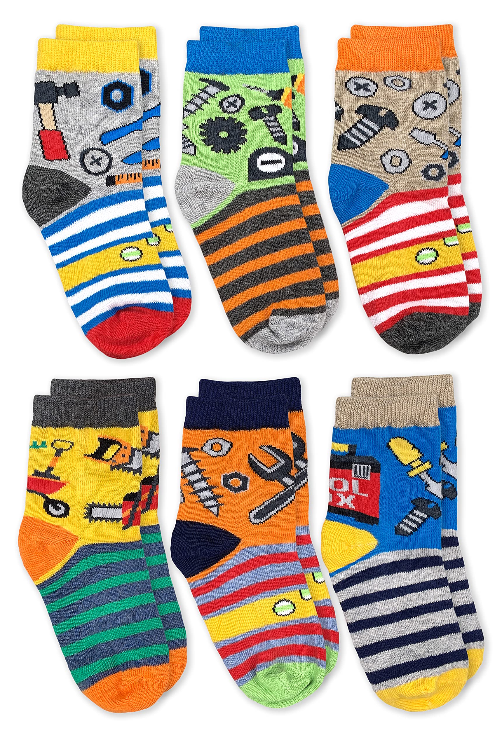 Jefferies Boys' Crew Socks 6-Pack - Fun Tools Pattern Cotton Socks for Kids - Perfect for School, Play & Everyday Wear