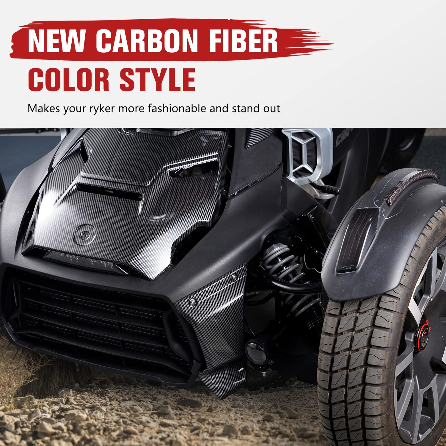 Carbon Fiber Front Grill Trims & Lower Grill Protector for Can-Am Ryker (All Models) - 2PCS Set, OEM #219400947 Replacement - Off-Road UTV Accessories for Enhanced Style & Protection