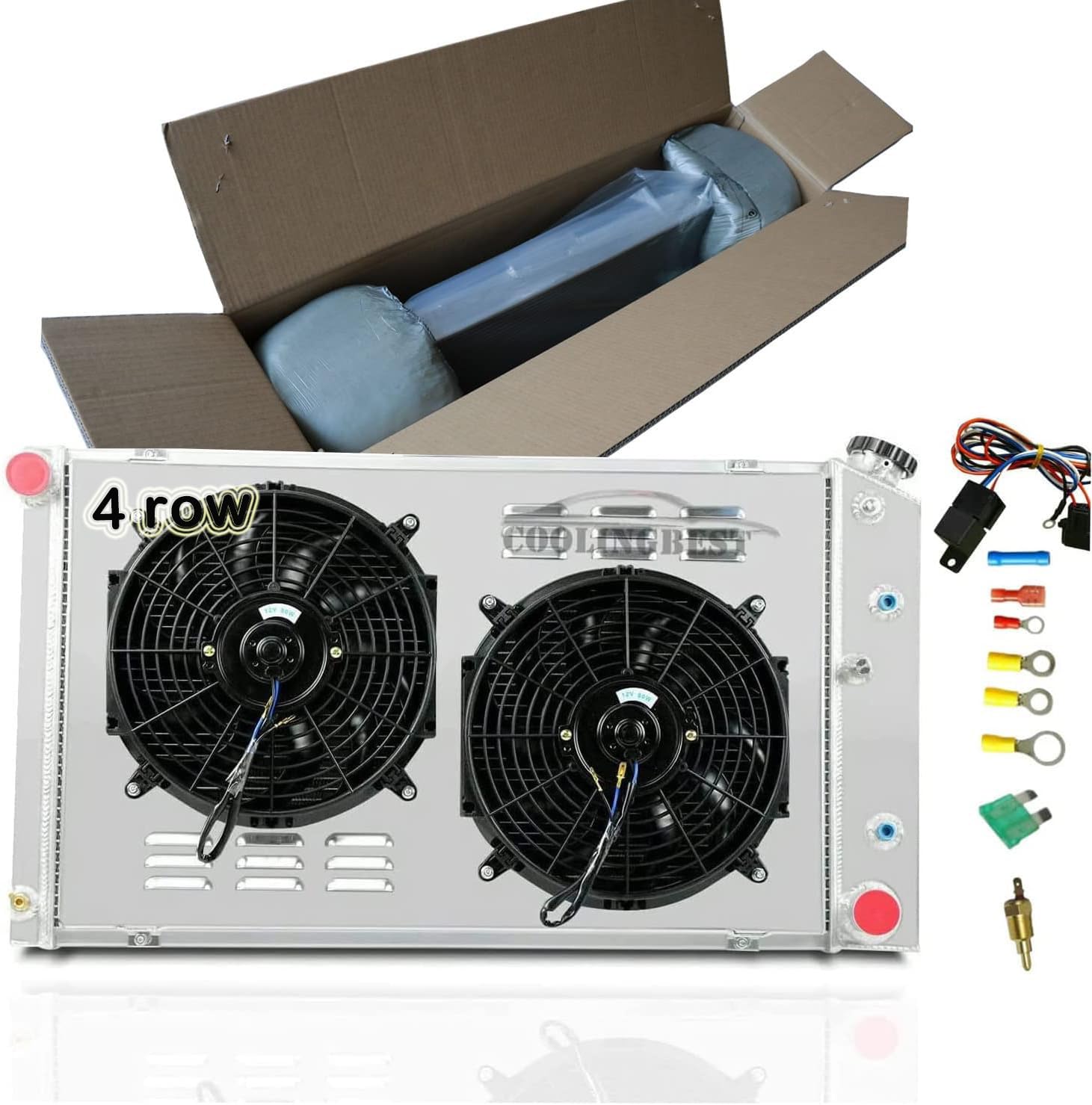 High-Performance 4 Row Aluminum Radiator for Buick Chevelle Impala 1971-1990 - Fits Chevy Caprice Malibu C/K/G Series & GMC Cadillac - Includes Radiator Shroud & Electric Fan Relay - Perfect for Classic Car Restoration & Hot Rod Upgrades