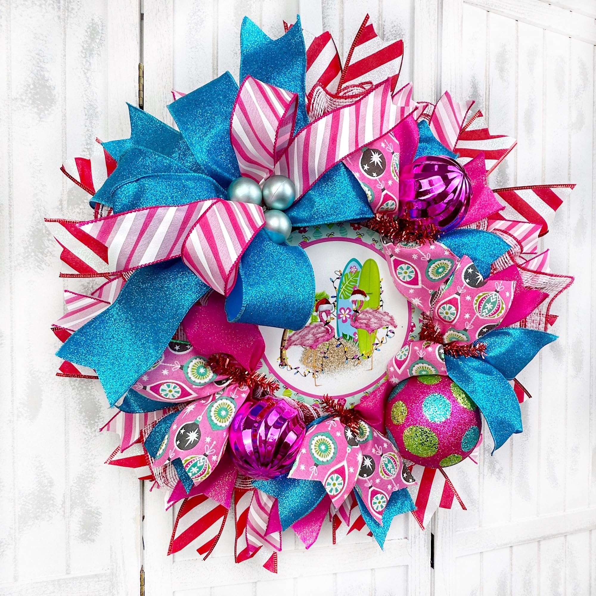 Handmade Coastal Flamingo Christmas Wreath with Ornaments & Bow - Nautical Beach Holiday Door Decor for Christmas, Home, Party