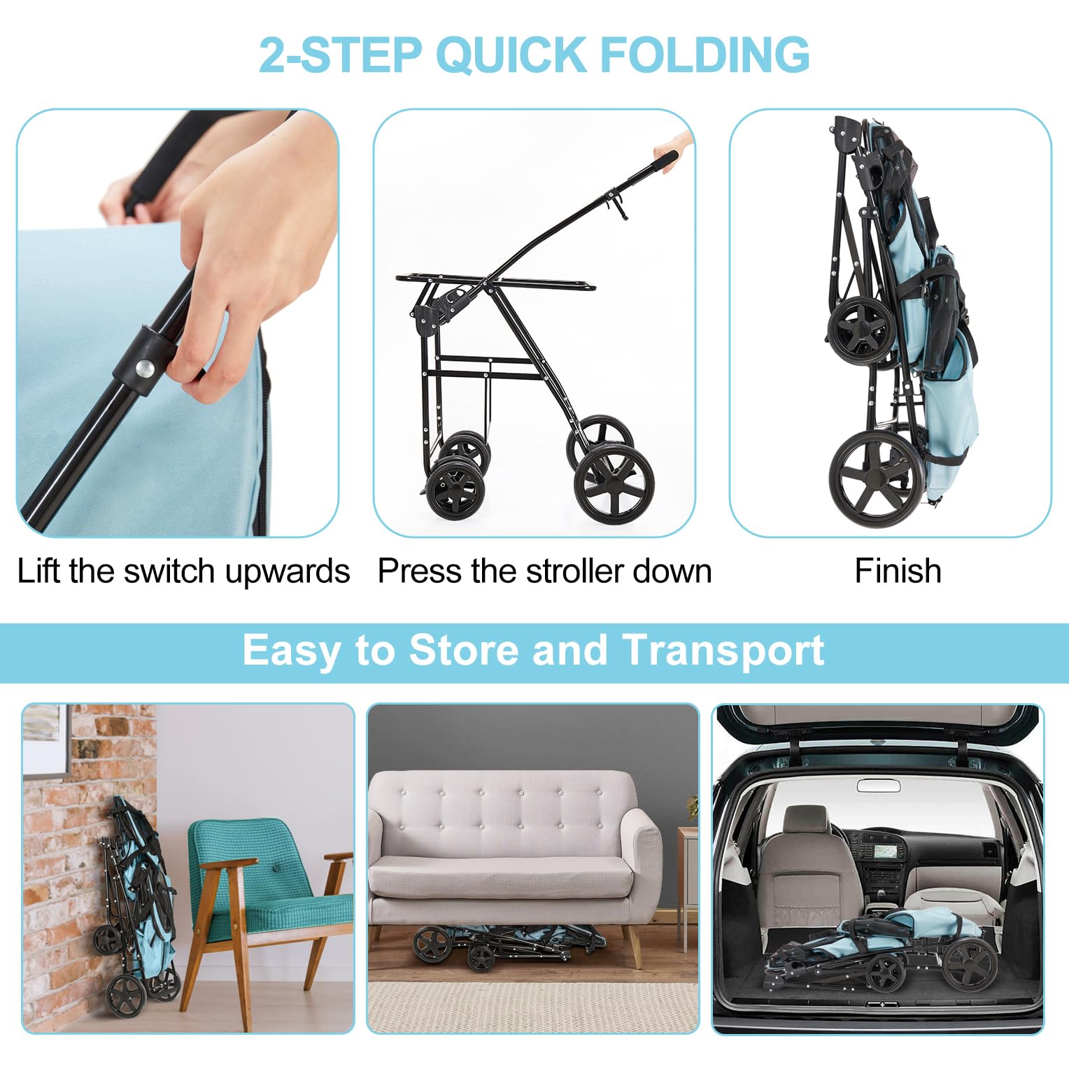 **Double Pet Stroller for Dogs & Cats - 2 Detachable Carriers, Quick-Fold Design for Small & Medium Pets, 4-Wheel Light Blue Stroller - Perfect for Park Walks, Vet Visits & Travel**