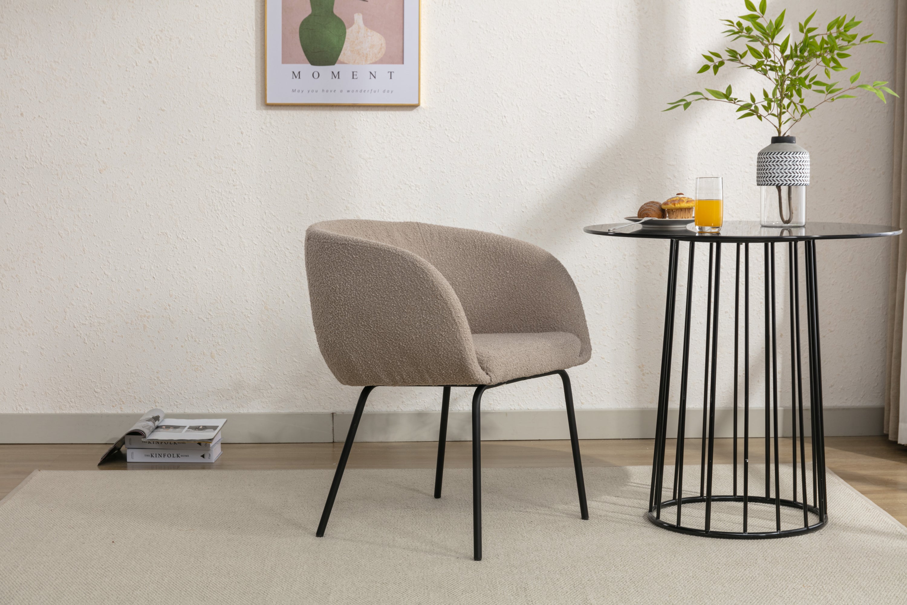 Boucle Fabric Dining Chair with Black Metal Legs - Set of 1 - Modern Upholstered Accent Chair for Kitchen, Dining Room, or Office