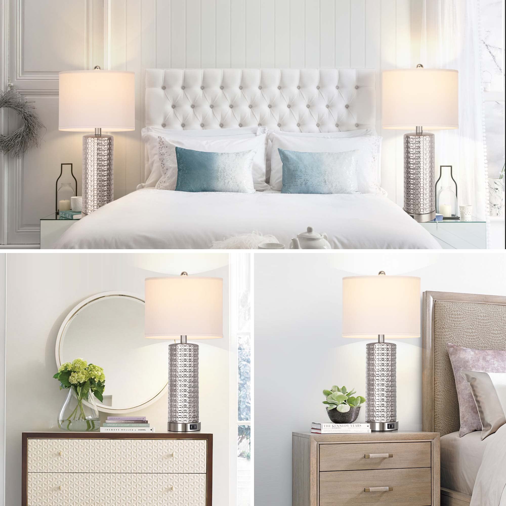 Modern Silver Table Lamps Set of 2 - USB Charging Bedside Lamps with 3-Way Dimmable Touch Control & White Drum Shade - Includes Bulbs - Perfect for Living Room, Bedroom, Office or Nursery Lighting