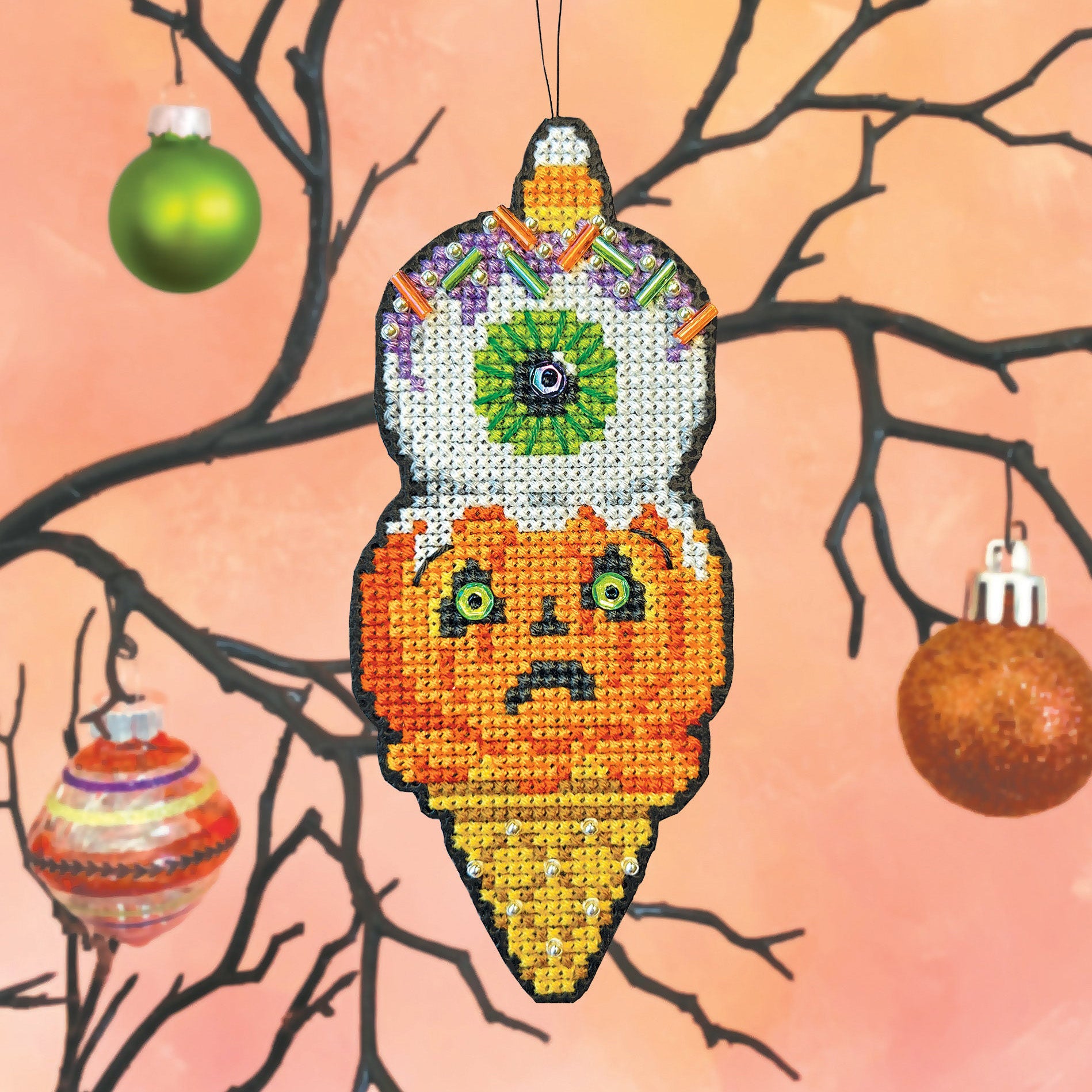 DIY Cross Stitch Halloween Ornament Kit - Eye Scream Design for Handmade Decor | Perfect for Halloween Party Favors, Home Decor & Gift Giving