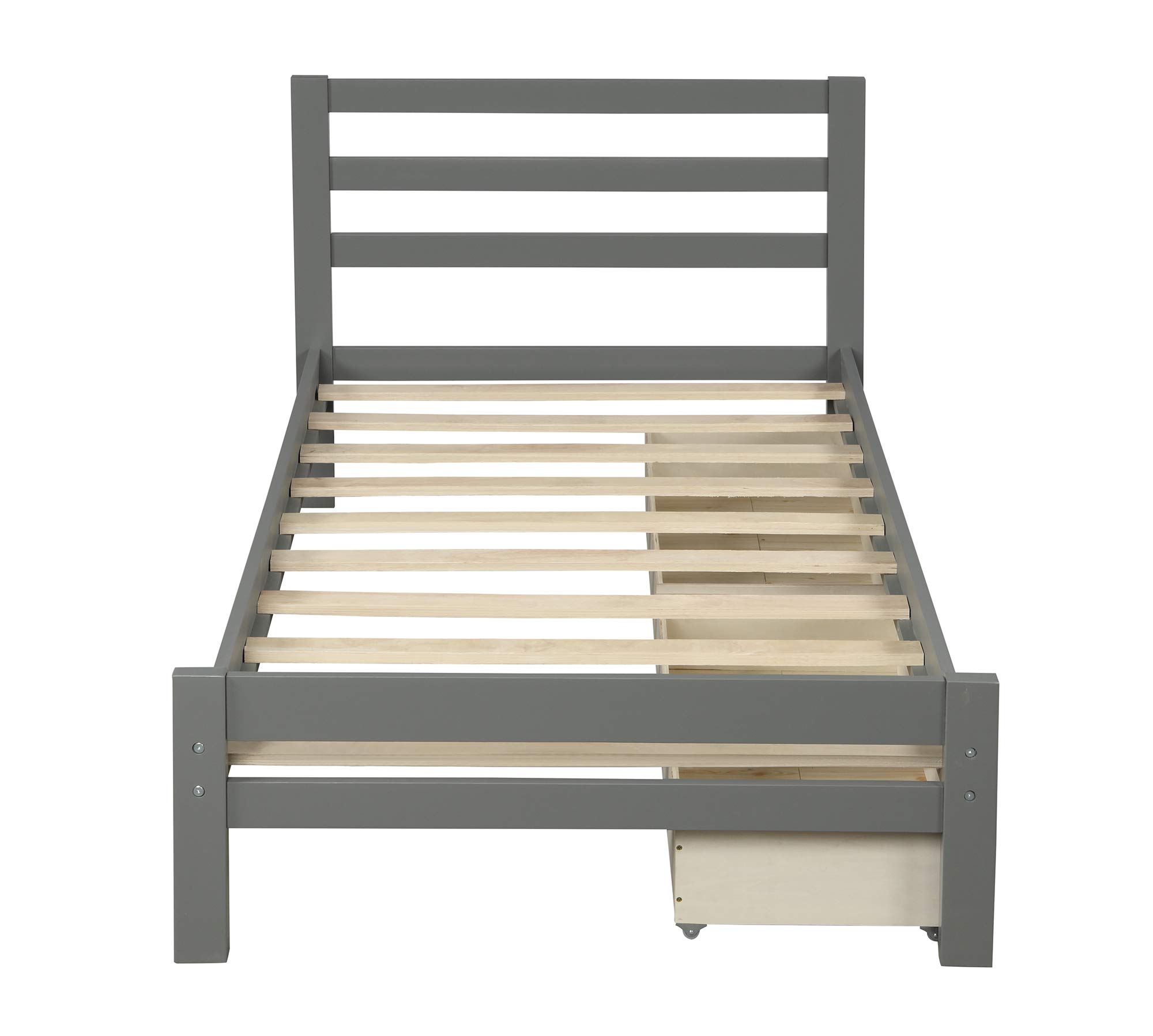 LZ LEISURE ZONE Twin Size Wooden Platform Bed Frame with 2 Storage Drawers & Wood Slats - No Box Spring Required, Grey - Perfect for Small Bedrooms, Guest Rooms & Dormitories