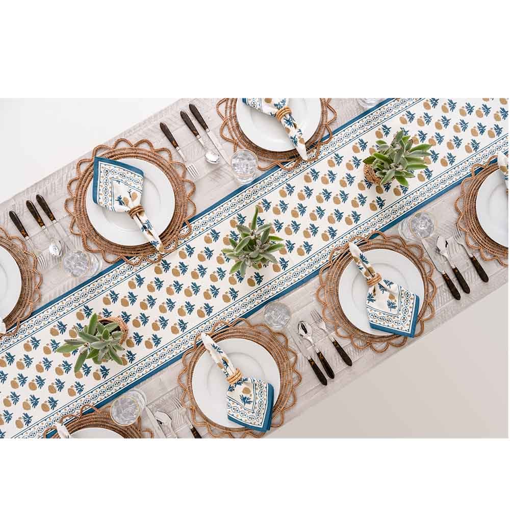 Gaya Teal & Marigoth Cotton Table Runner - Elegant Dining Table Decor for Weddings, Parties & Holiday Celebrations