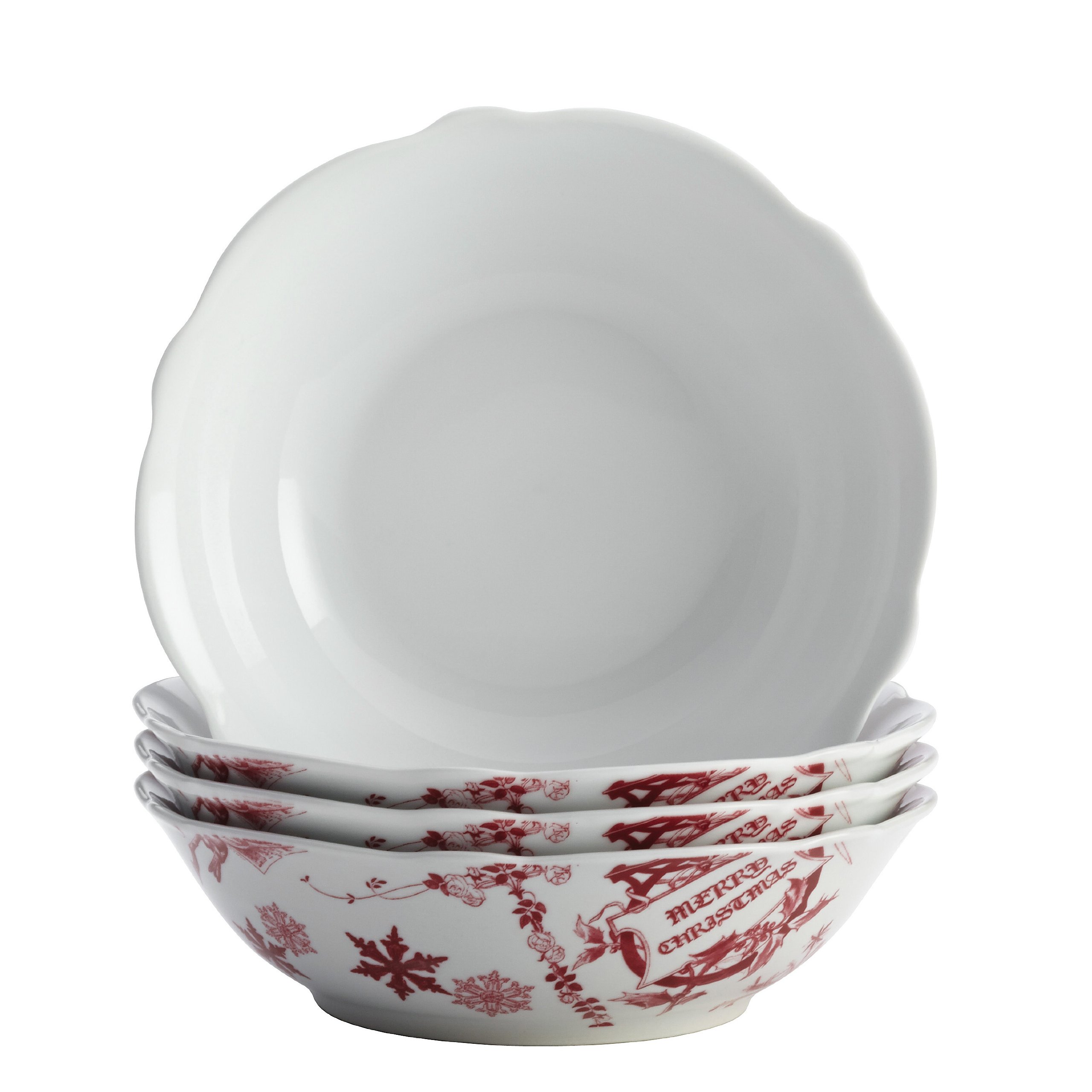 BonJour Dinnerware Yuletide Garland 4-Piece Porcelain Fluted Cereal Bowl Set - Holiday Tableware for Breakfast, Cereal, Soup & Dessert - Elegant Christmas Dining Decor