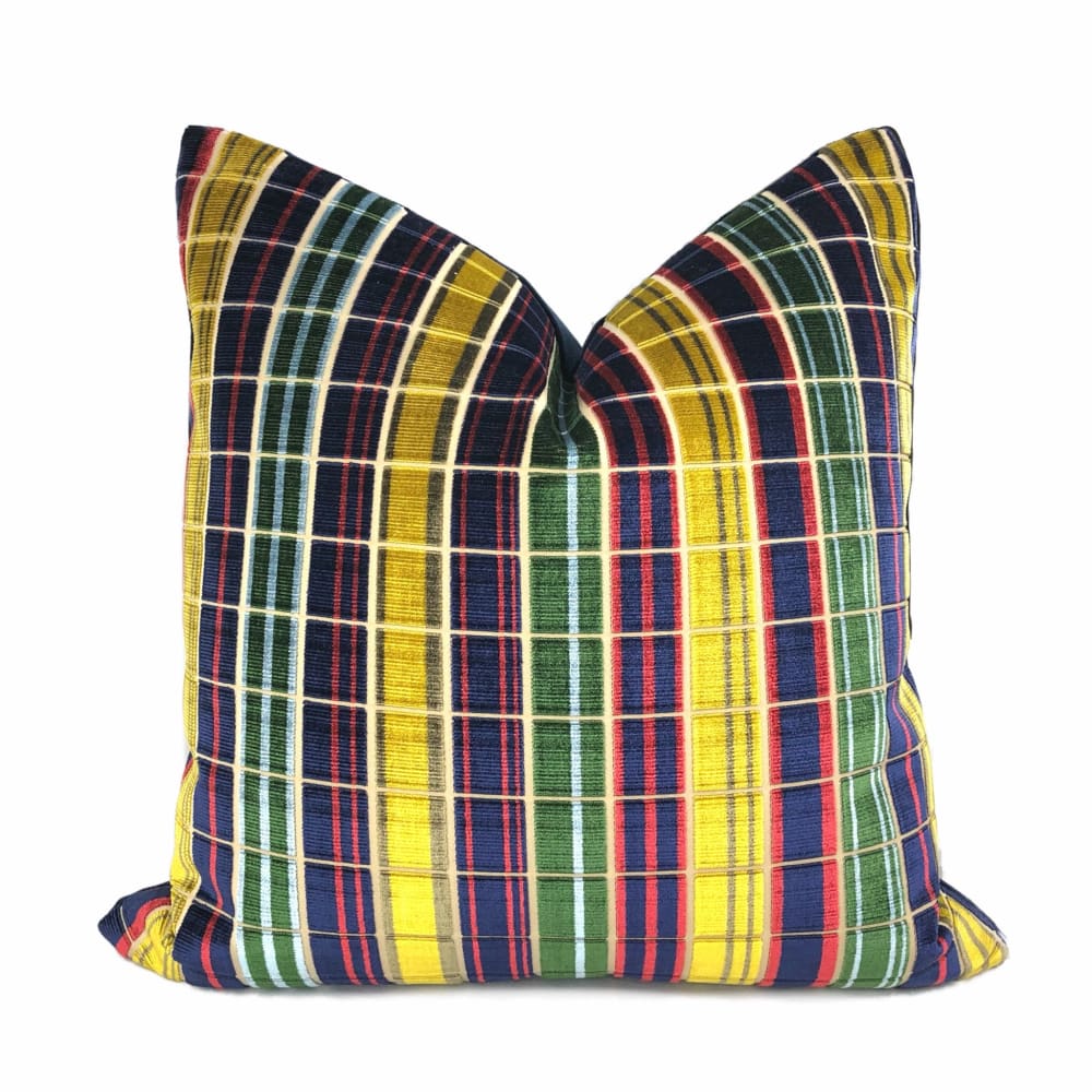 Regent's Park Navy Blue Red Gold Plaid Silk Velvet Pillow Cover - Luxury Decorative Throw Pillow Case for Sofa, Bed & Home Decor (Lee Jofa Fabric) - Perfect for Living Room, Bedroom & Office Accent