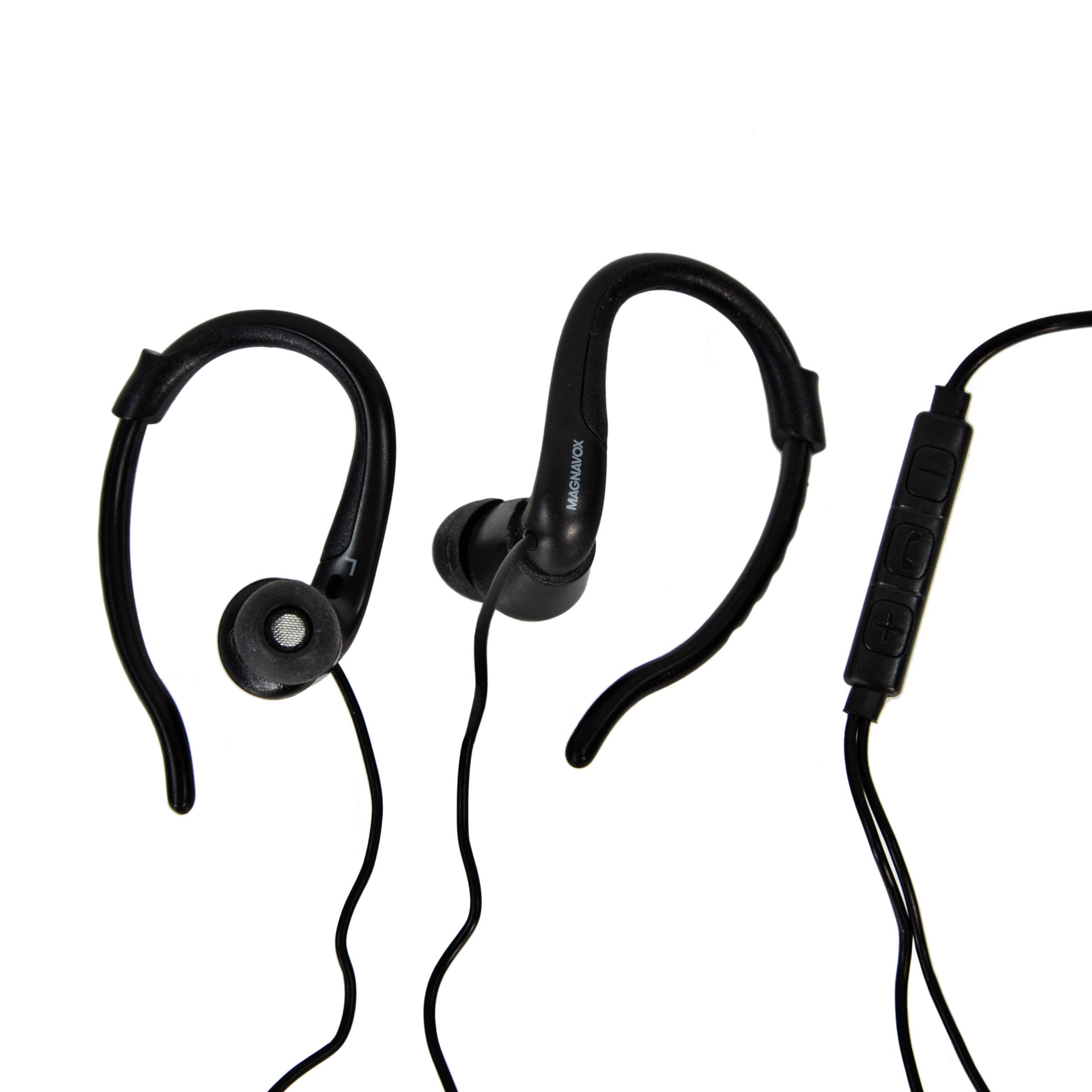 Magnavox MHP4855-BK Black Earhook Earbuds with Built-in Microphone | Comfortable Stereo Headphones with Oxygen-Free Copper Cable (OFC) | Perfect for Running, Gym Workouts & Hands-Free Calls