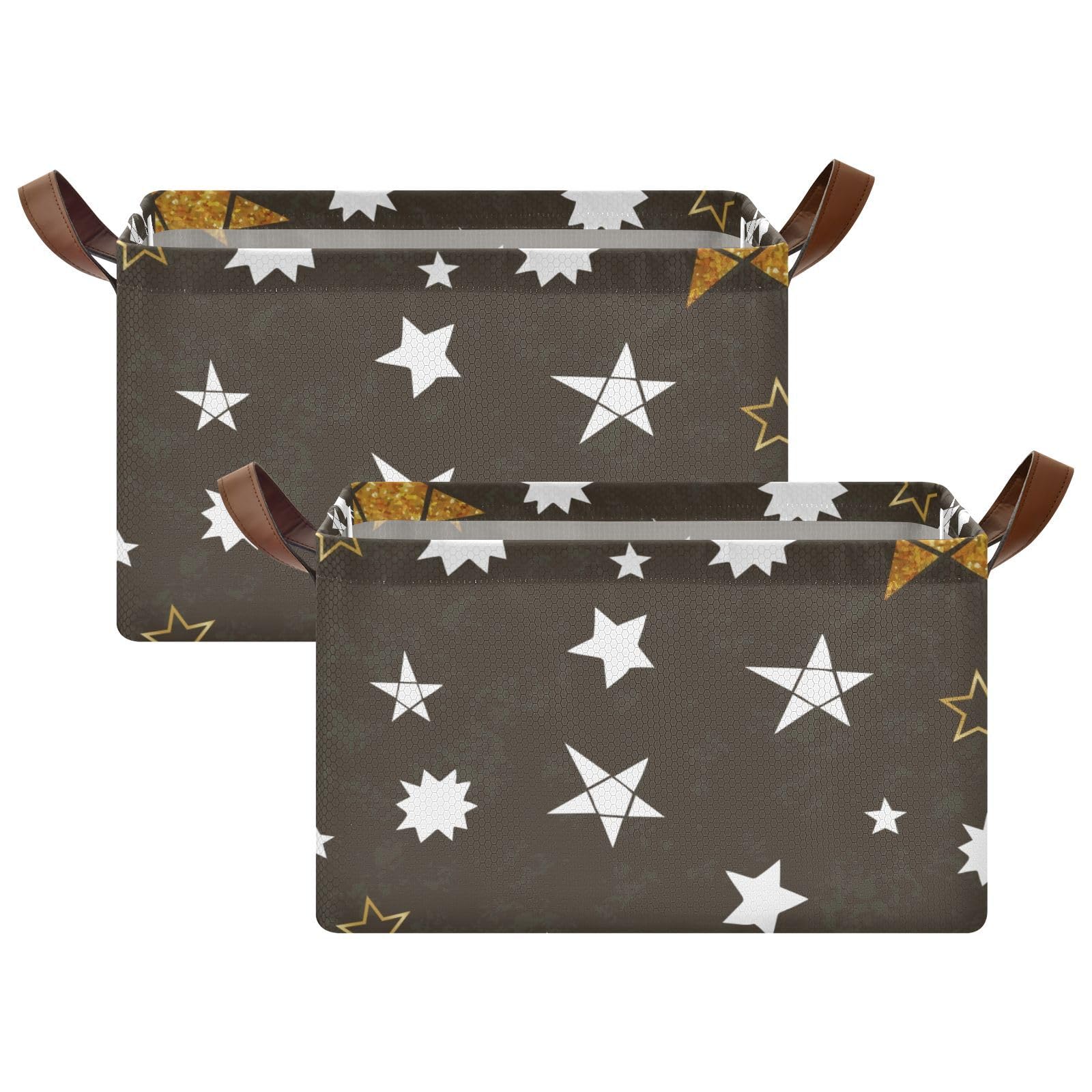 Minimalist Brown Star Fabric Collapsible Storage Baskets with Handles - 2 Pack Organizer for Books, Shelves & Closet | Perfect for Home, Office & Nursery Organization