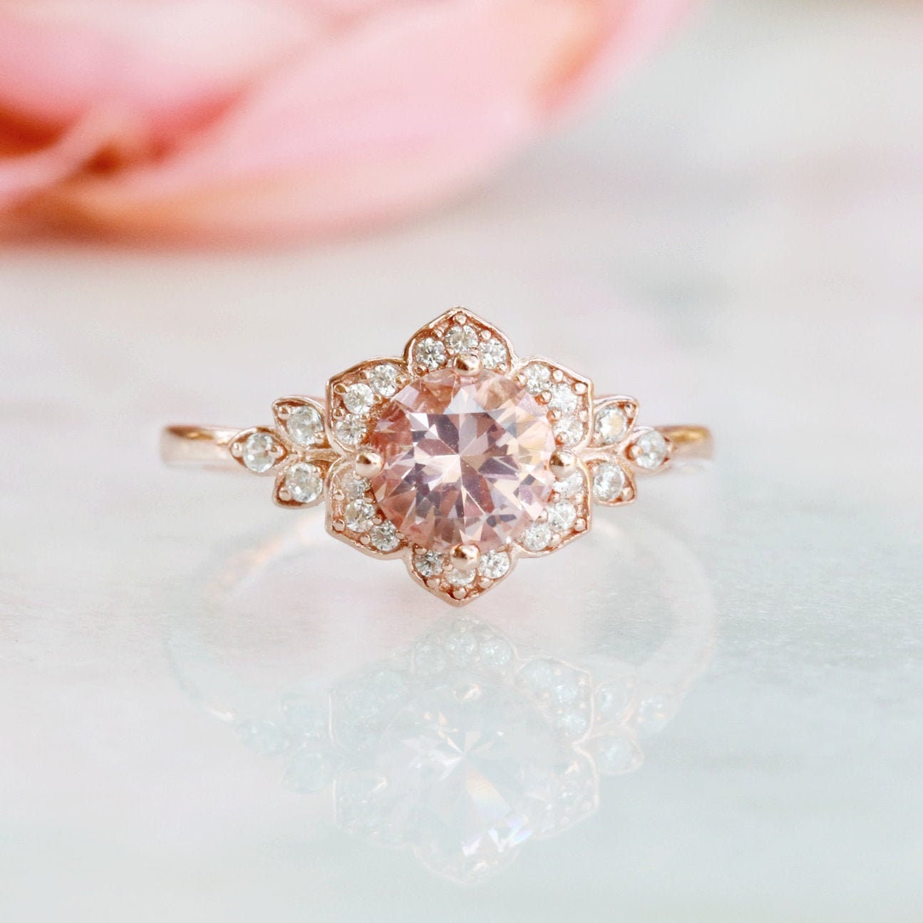 14K Rose Gold Vermeil Jasmine Morganite Ring Set for Women - Elegant Bridal, Engagement, Anniversary & Everyday Jewelry Gift