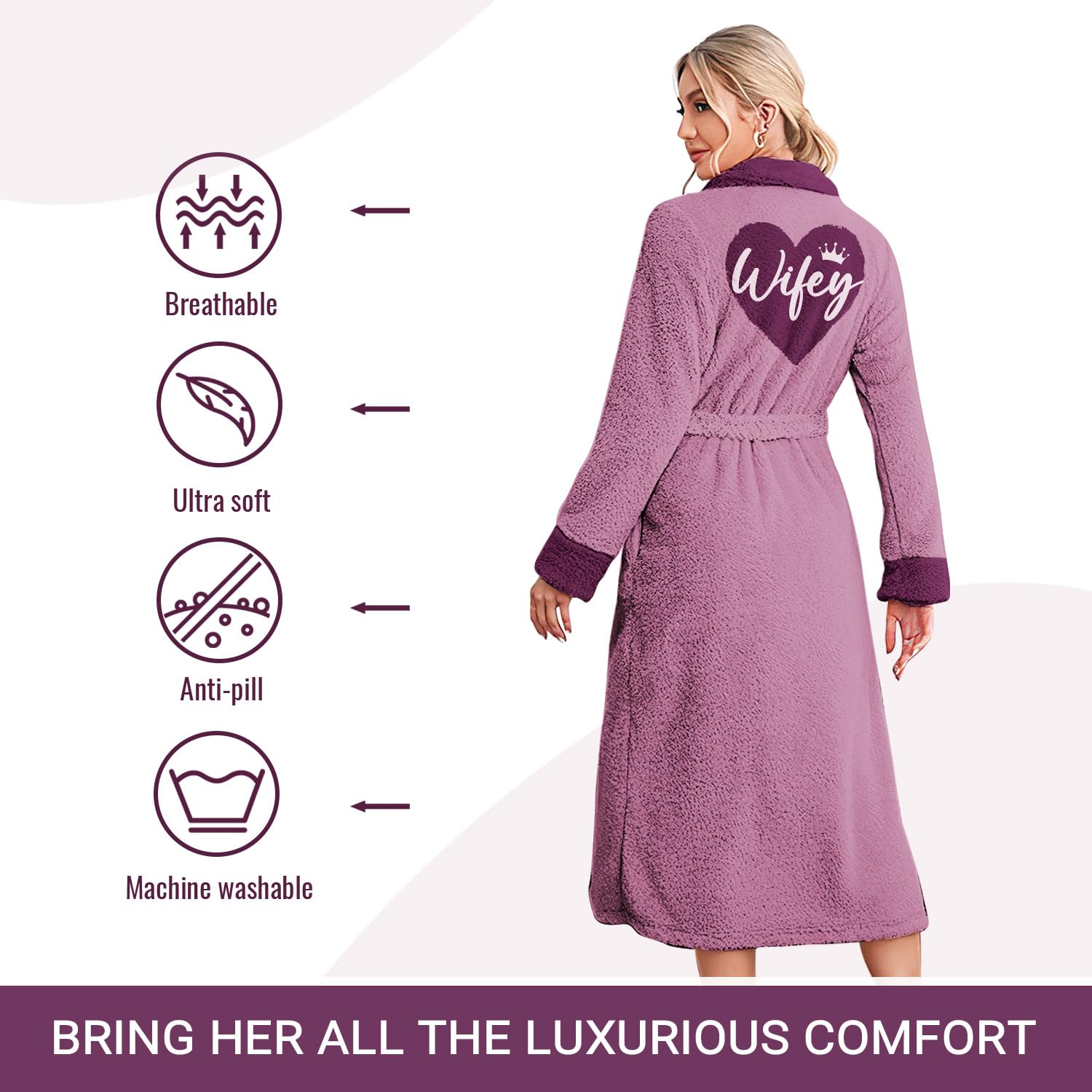 Cozy Wifey Fleece Robe - Soft Plush Bathrobe for Women - Perfect Mothers Day, Birthday, Anniversary & Christmas Gift for Wife - Ideal for Relaxing at Home, Spa Days & Cozy Evenings
