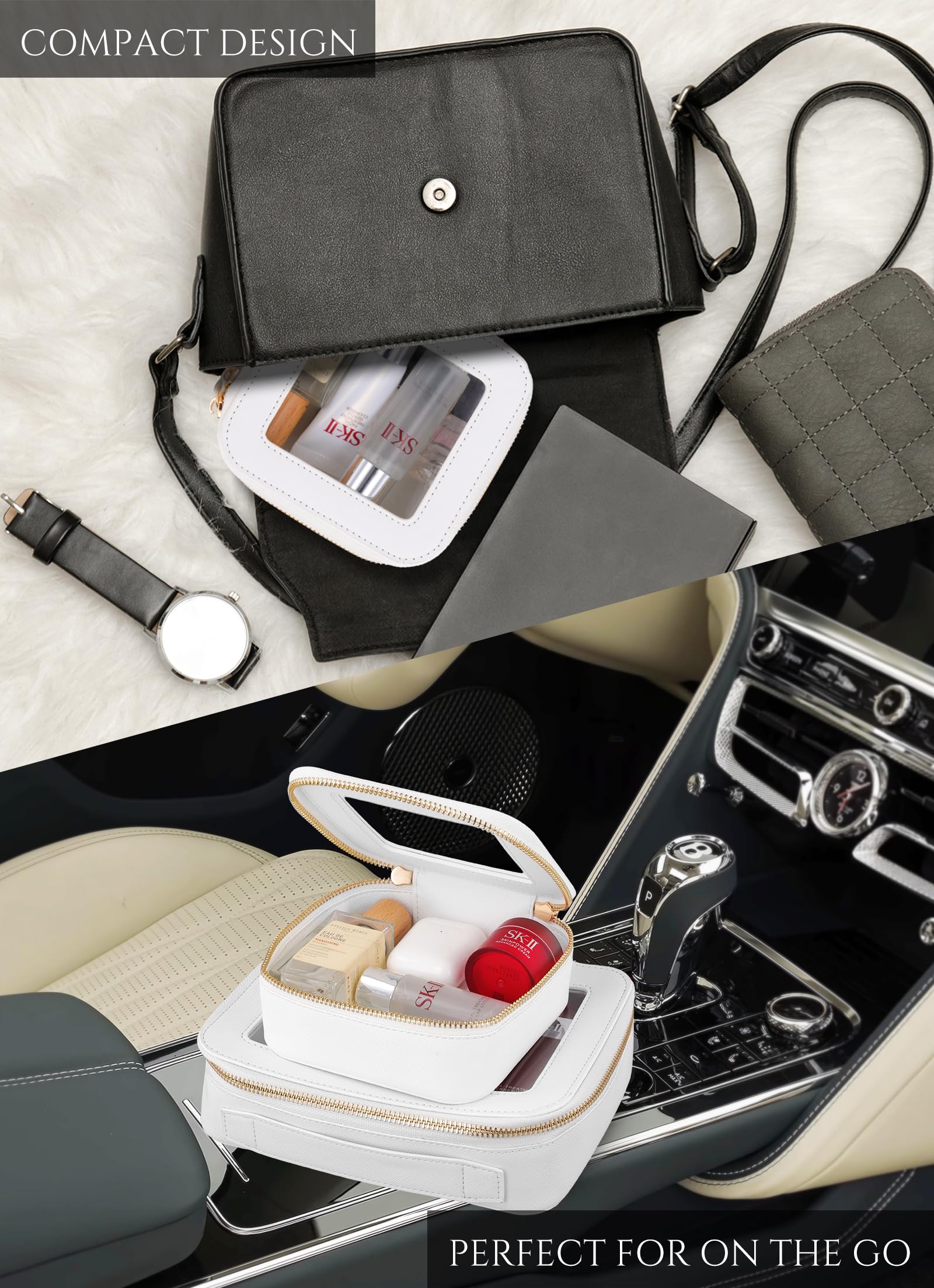 Mini Clear Makeup Bag - White Leather Travel Cosmetic Pouch for Women, Small Waterproof Toiletry Organizer with Zipper for Purse, Backpack & School Supplies - Perfect for Daily Use, Travel Essentials & On-the-Go Organization