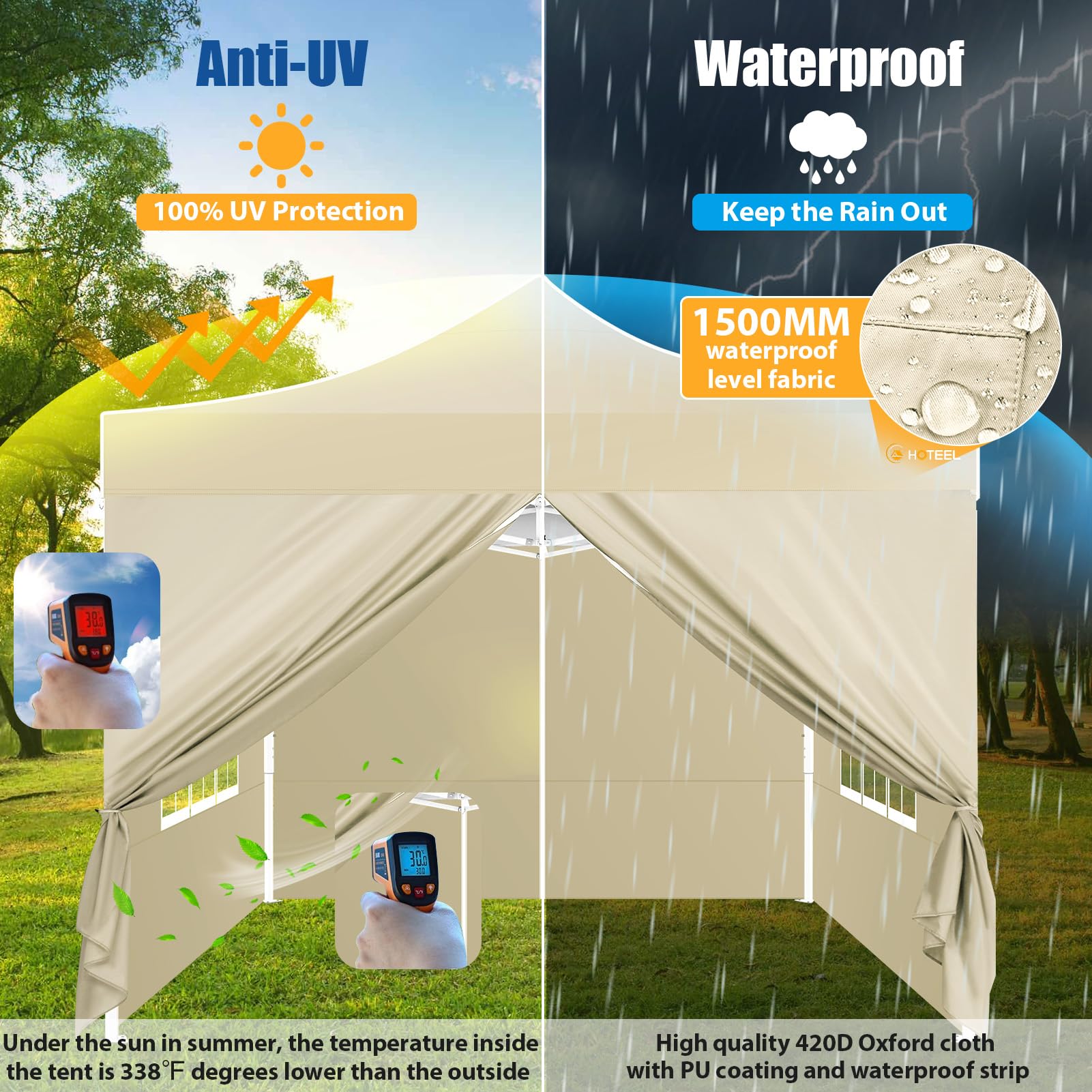 HOTEEL 10x10 Pop Up Canopy Tent - Heavy Duty Instant Gazebo with 4 Sidewalls & Sand Bags | Easy Setup Hexagonal Frame Commercial Tent for Outdoor Weddings, Parties, Events | Includes Portable Carry Bag (Khaki) - Perfect for Backyard Gatherings, Farmers Markets & Beach Outings