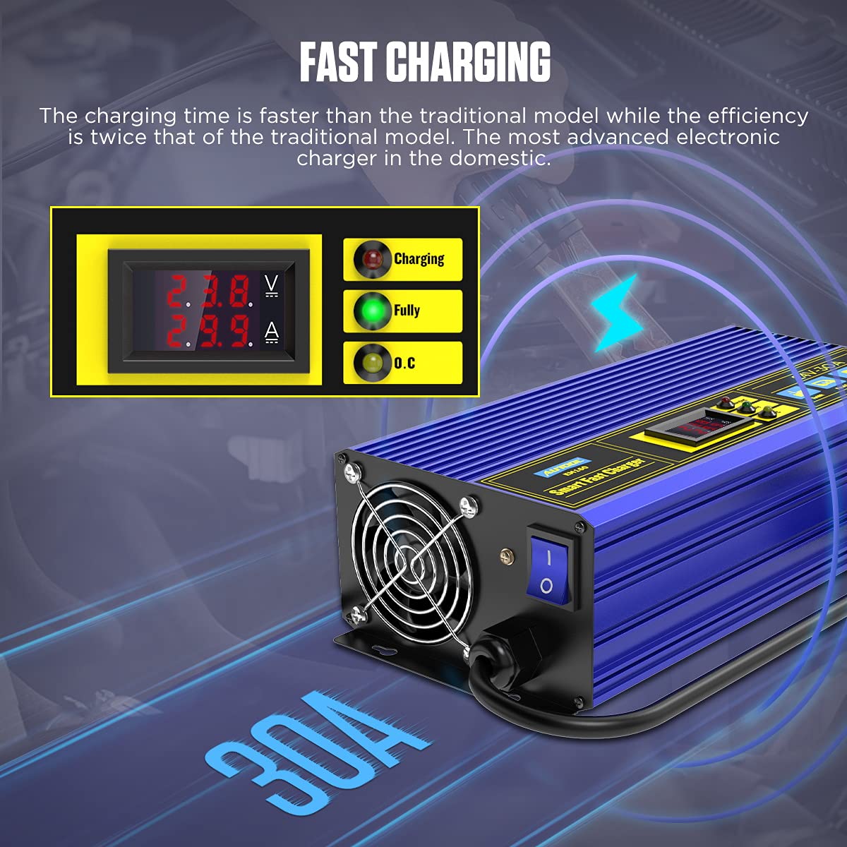 QPKING 24V 30A Smart Battery Charger - Fully Automatic Charger & Tester for Forklift, Golf Cart, Club Car - Perfect for Warehouse, Golf Course & Industrial Use