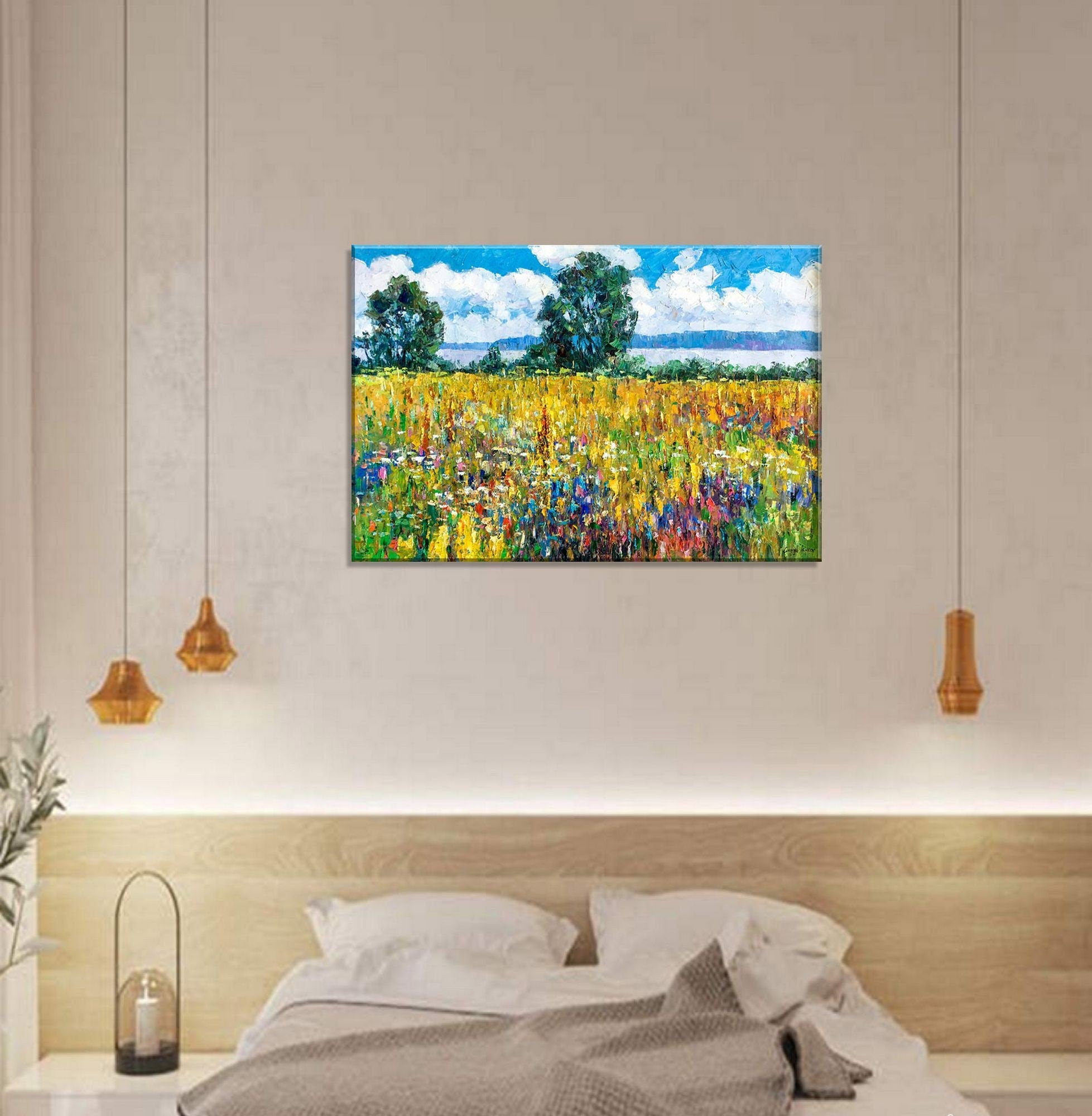 Spring Fields Landscape Oil Painting on Canvas - Handmade Oversized Textured Artwork with Palette Knife Technique - Perfect for Living Room, Bedroom, and Office Wall Decor