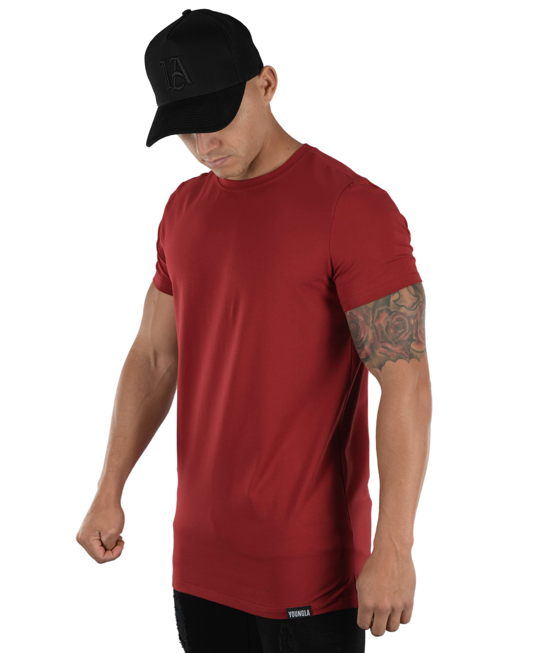 YoungLA Men's Minimalist Fitted T-Shirts | Slim Fit Long Drop Cut Tee for Gym & Workout | Comfortable Cotton Shirt for Training, Running & Casual Wear