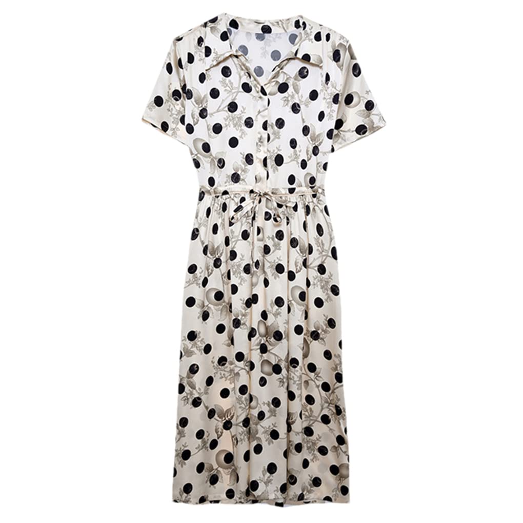Women's Summer Short Sleeve Polka Dot Natural Silk Midi Dress - Elegant Office Wear & Casual Chic for Work, Parties & Date Nights
