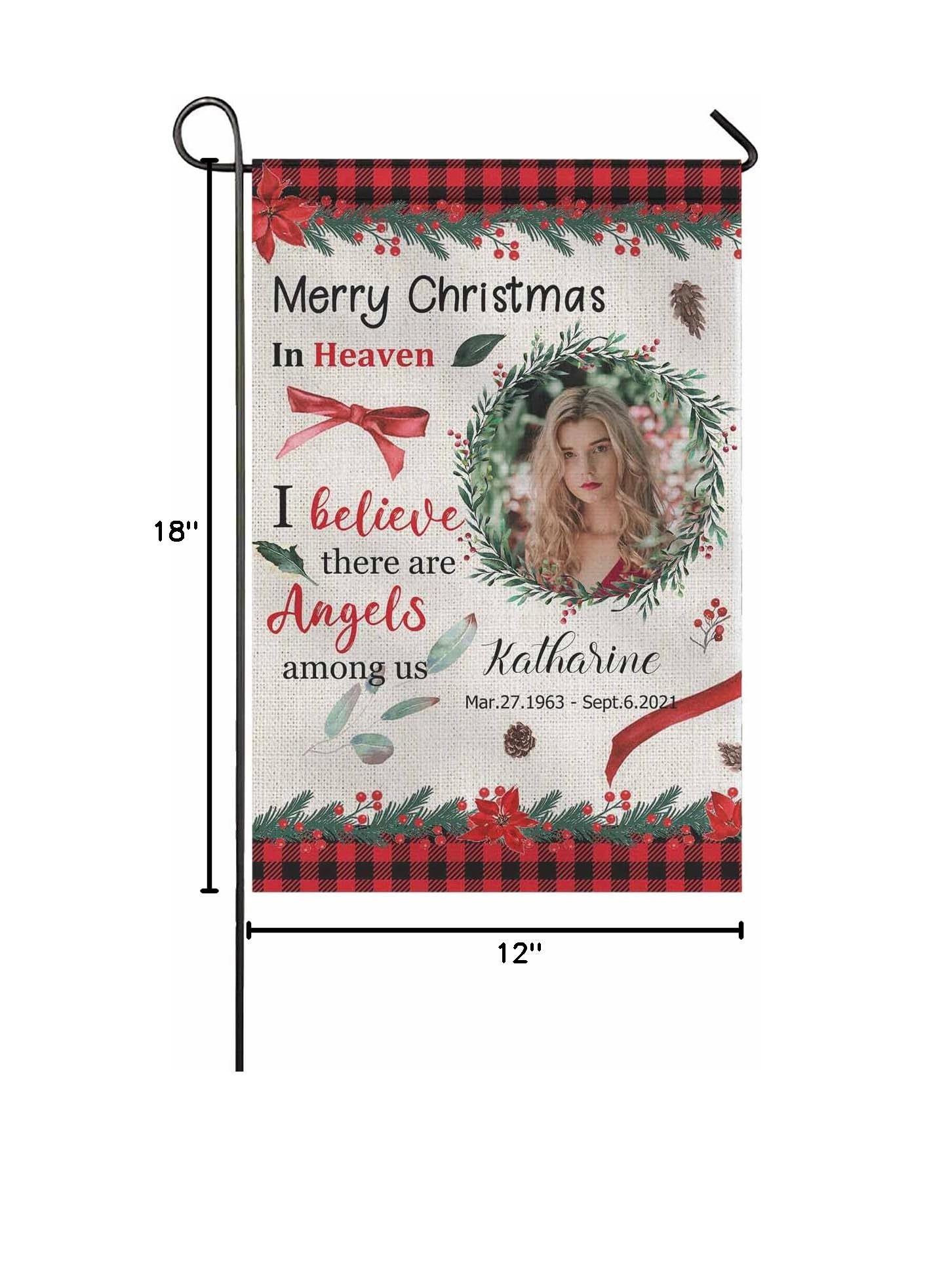 Custom Memorial Garden Flag - Personalized In Loving Memory Yard Banner with Photo & Text - Double Sided 12x18 Inch - Perfect for Graves, Flower Pots & Outdoor Decor - Christmas in Heaven Wreath Design for Holiday Remembrance