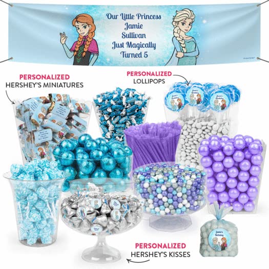 Frozen Themed Kids Birthday Candy Buffet - 15lbs Bulk Candy Assortment with Hershey's Kisses, Miniatures, Gumballs, Frooties & Dum Dums Lollipops - Perfect for Disney Frozen Party Favors, Birthday Treat Bags & Dessert Tables