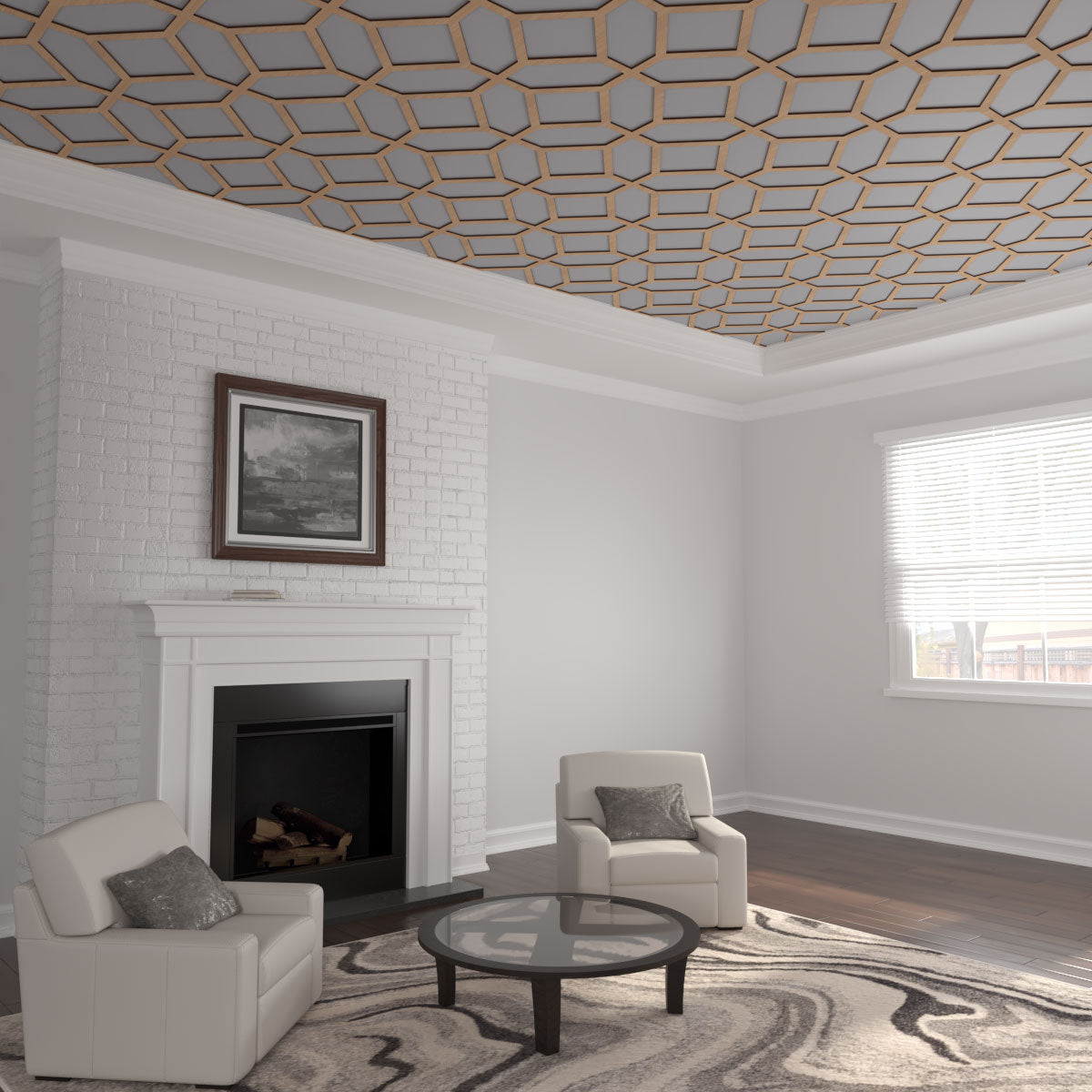 Decorative Wood Ceiling Panels with Fretwork Design - Cameron Style for Home & Office Interior Decor - Perfect for Living Room, Bedroom, and Commercial Spaces