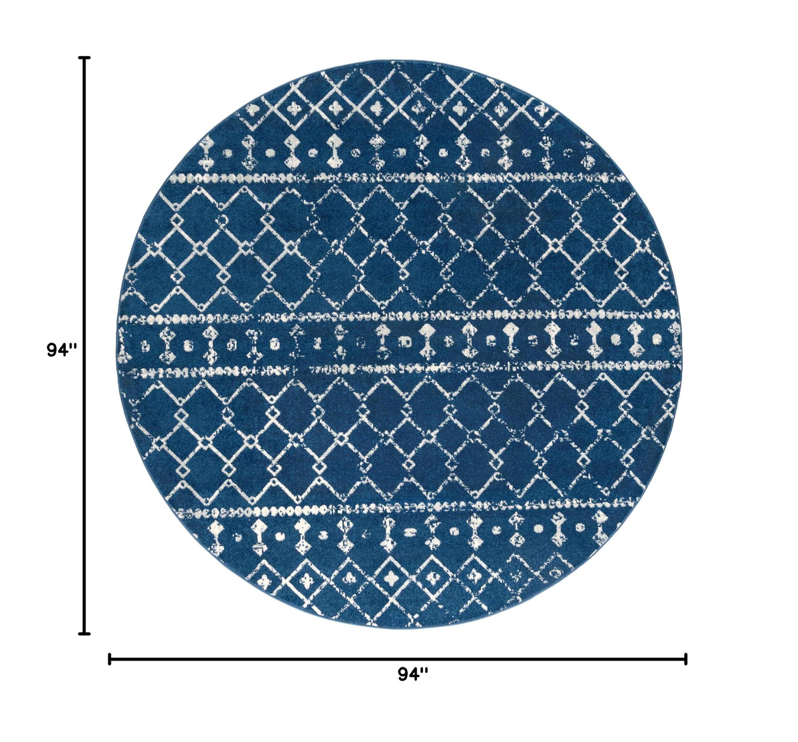Ayden Navy 8ft Round Boho Area Rug - Geometric Pattern Non-Slip Living Room Bedroom Dining Room Entryway Rug - Perfect for Home Decor, Office & Indoor Spaces