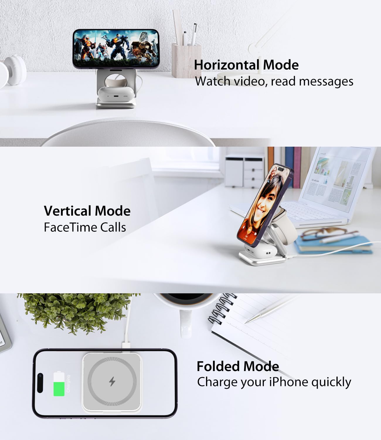 3-in-1 Foldable Magnetic Wireless Charging Station - 15W Fast Mag-Safe Charger for iPhone 14/13/12 Pro Max, AirPods 3/2/Pro & Apple Watch - Aluminum Alloy Stand with Adapter (Silver) | Perfect for Home, Office & Travel Charging